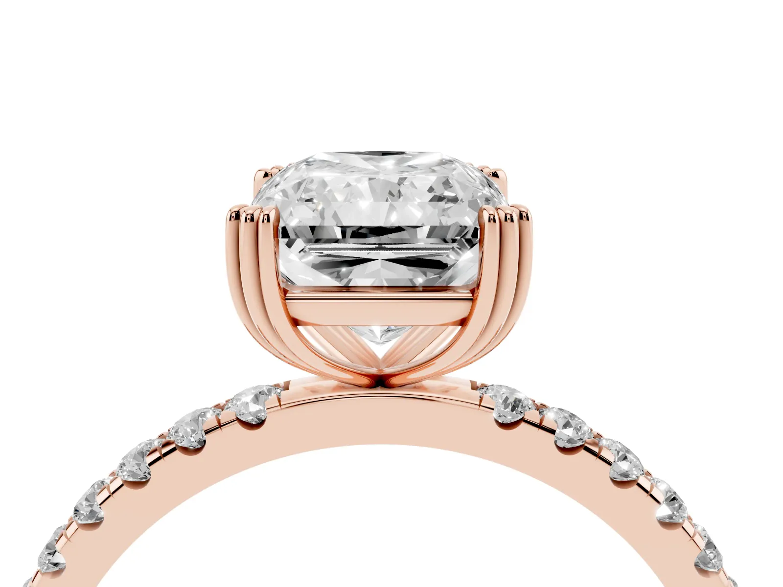 Radiant Cut Brilliant Solitaire with Pavé Band and Claw Prong Setting Rose gold