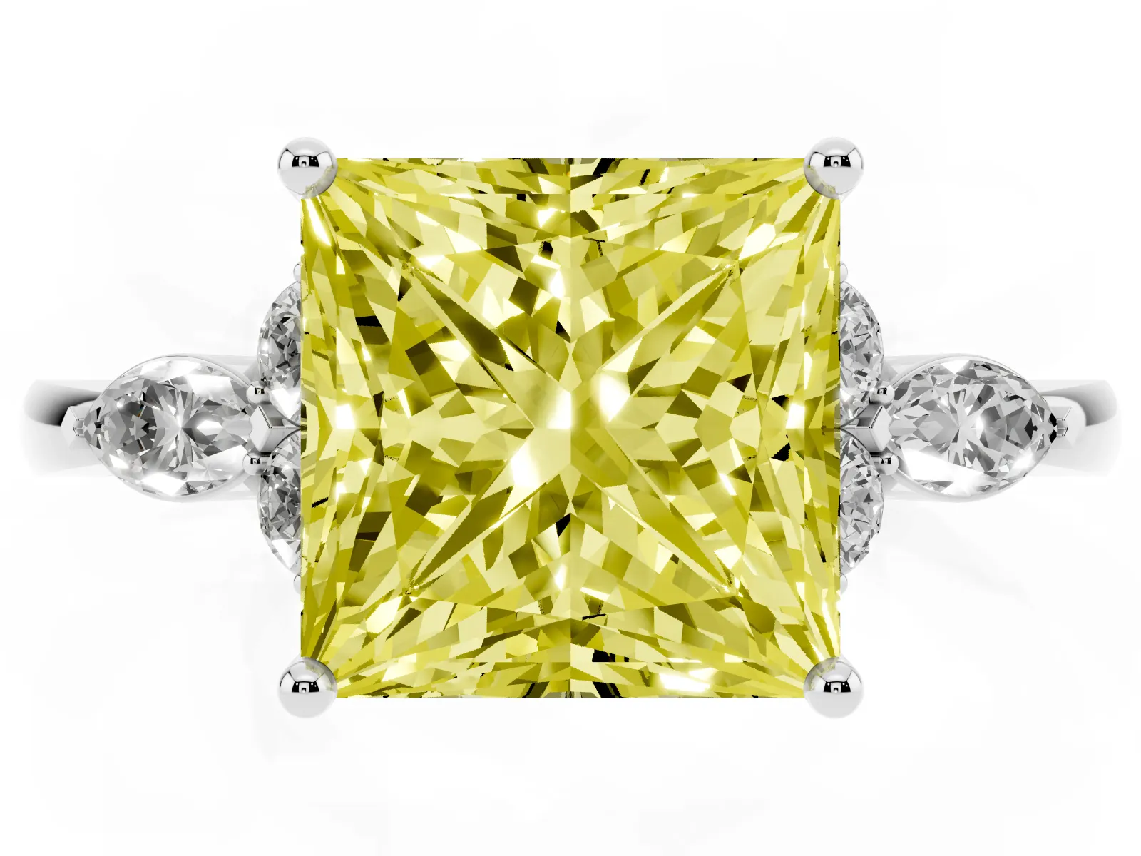 Fancy Yellow Princess Cut Brilliant Diamond Solitaire Ring with Pear Side Stones and Four-Prong Setting Platinum