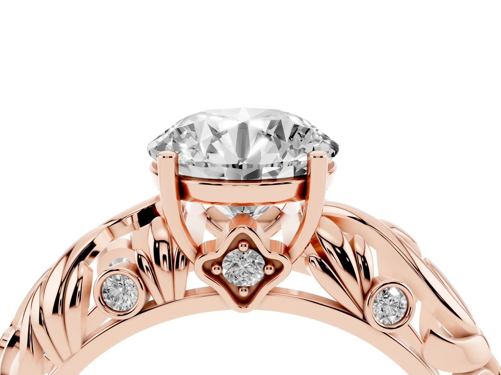 Round Cut Solitaire Diamond Leaf-Inspired Vine Band Ring with Prong Setting Rose gold
