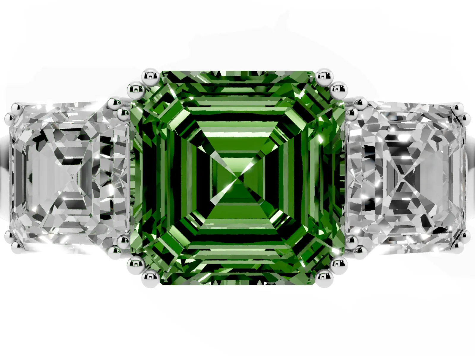 Fancy Green Three-Stone Asscher Cut Cut Diamond Ring with Channel Set Band and Four-Prong Setting White gold