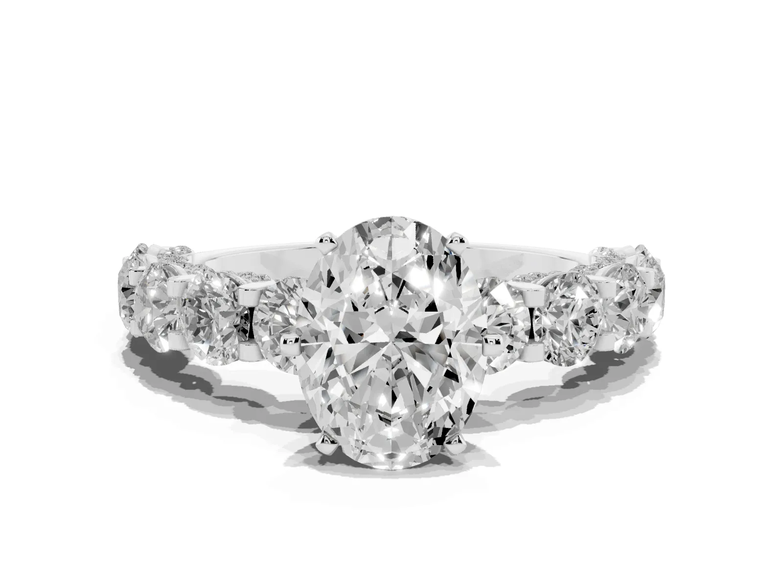 Oval Cut Diamond Side Stone Engagement Ring with Four-Prong Setting Platinum