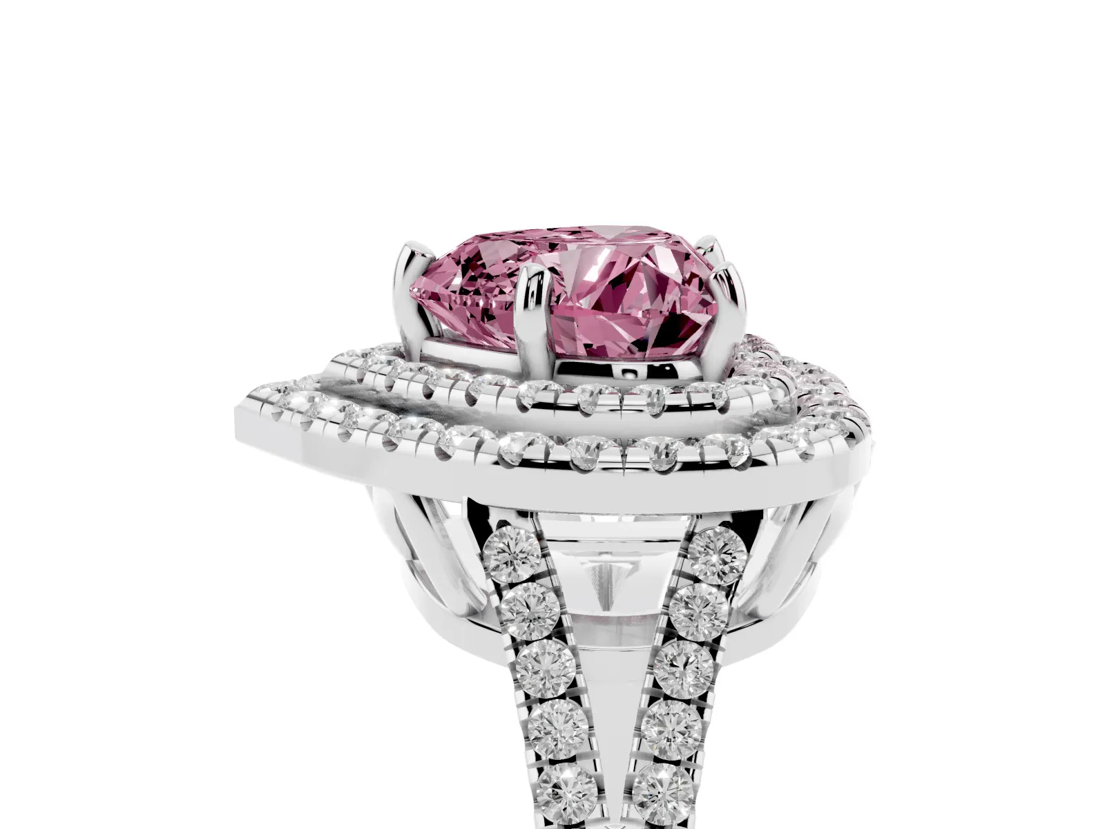 Fancy Pink Heart Cut Diamond Double Halo Ring with Pavé Band and Prong Setting Platinum