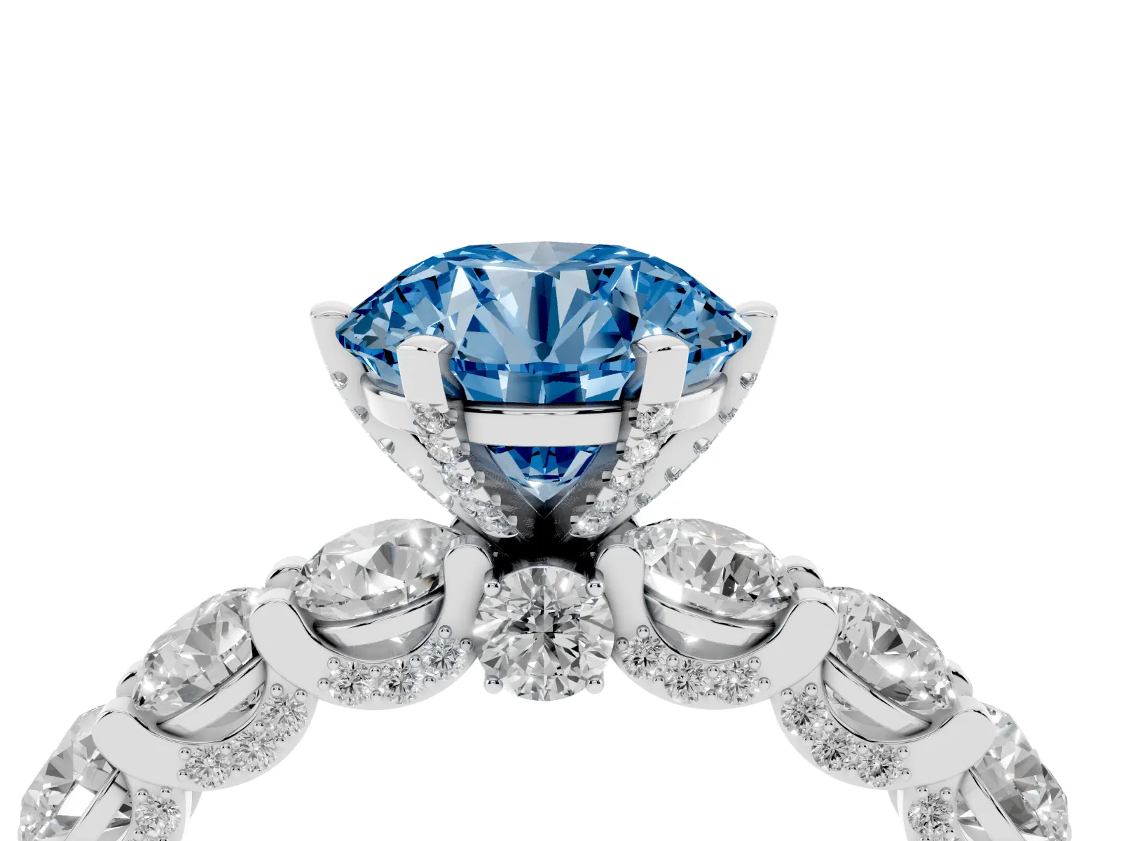 Fancy Blue Round Cut Diamond Side Stone Engagement Ring with Four-Prong Setting Platinum