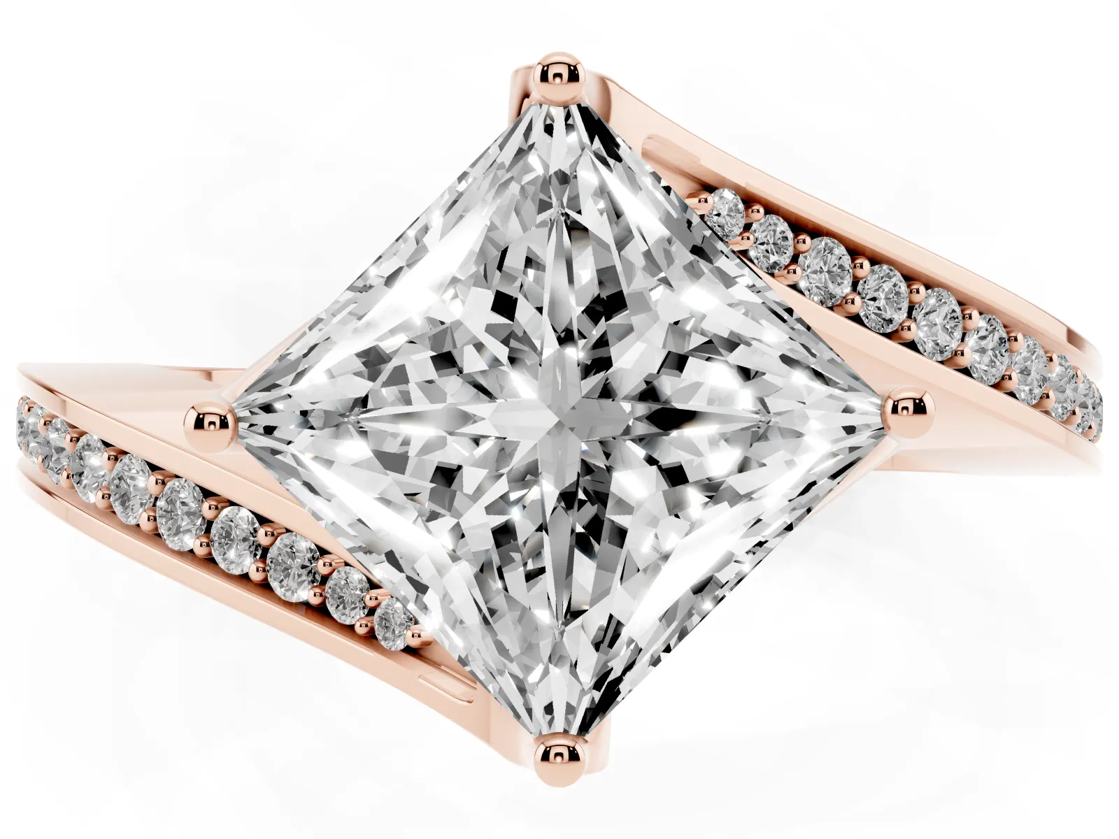 Princess Cut Solitaire Diamond Twist Band with Pavé Setting and Four-Prong Setting Rose gold
