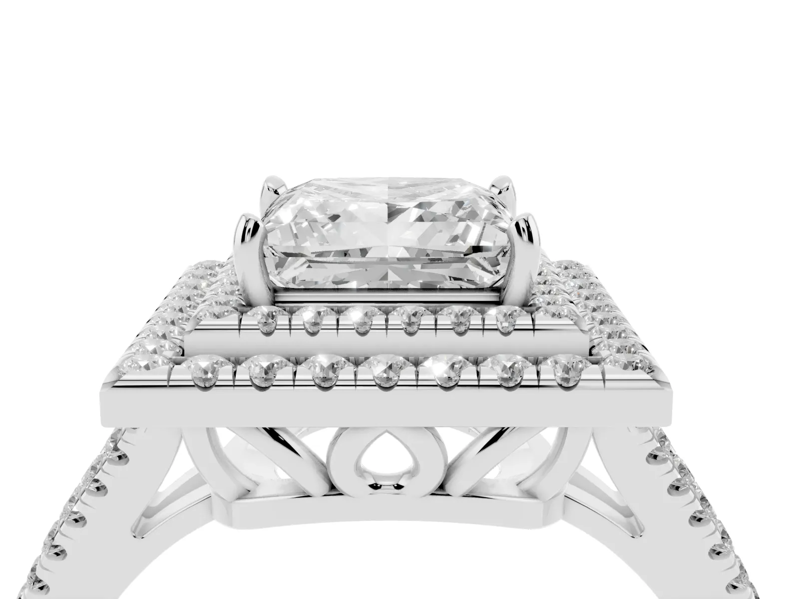 Princess Cut Diamond Double Halo Ring with Pavé Band and Prong Setting Platinum