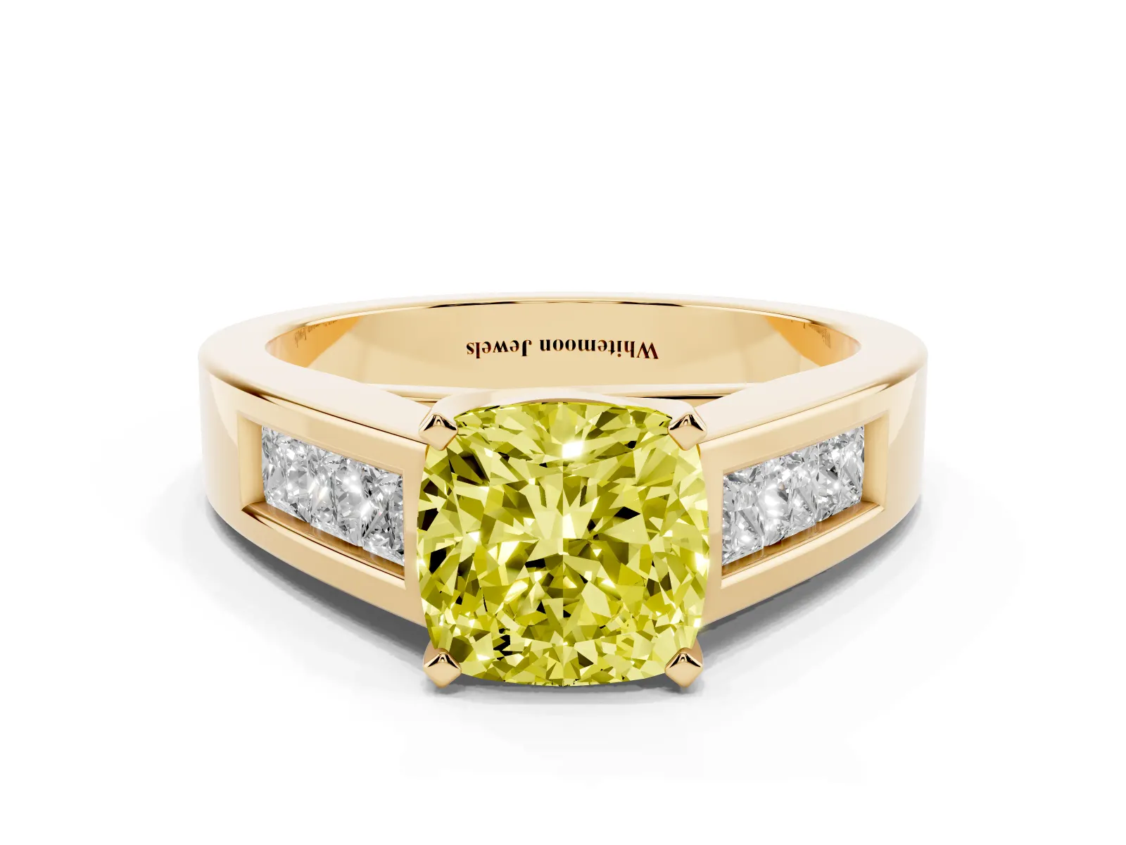 Fancy Yellow Cushion Cut Cut Channel Set Solitaire Ring with Four-Prong Setting Yellow gold