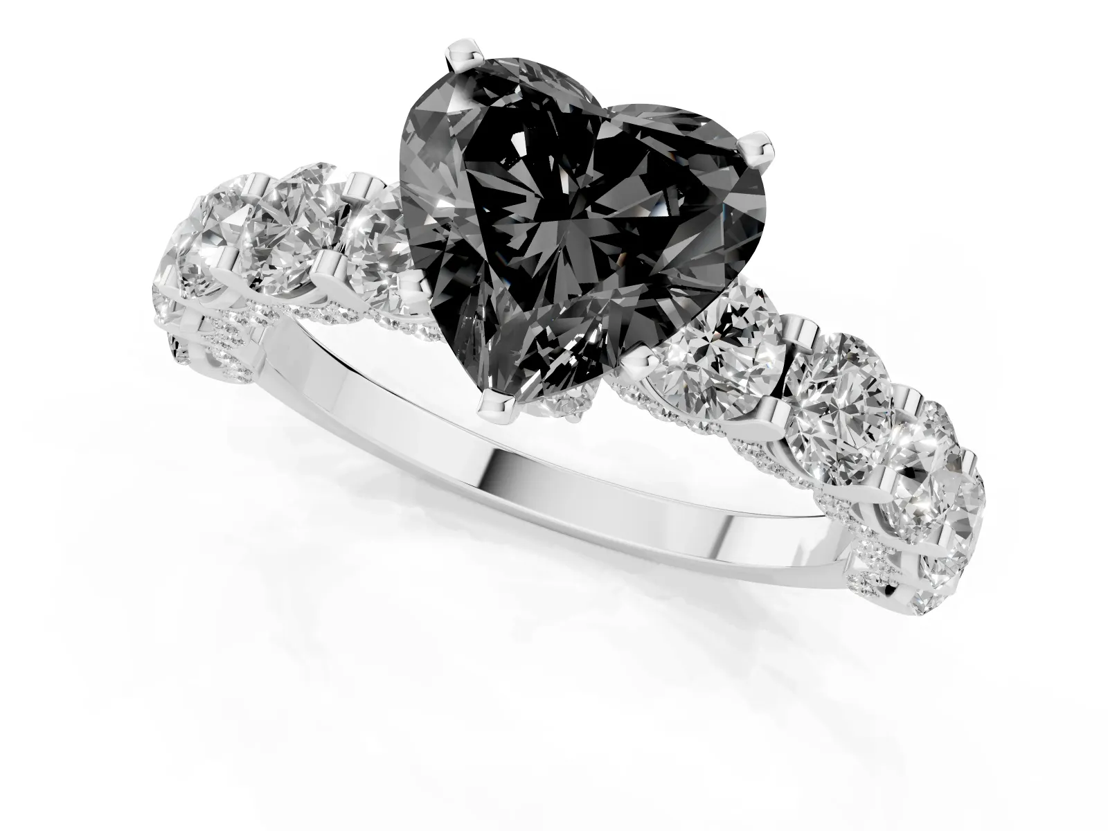 Fancy Black Heart Cut Diamond Side Stone Engagement Ring with Four-Prong Setting Platinum