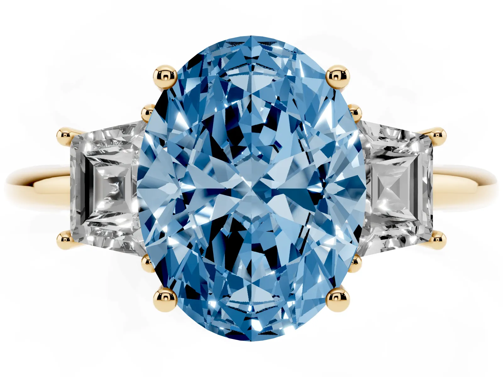 Fancy Blue Oval Cut Diamond Three-Stone Ring with Trapezoid Side Stones and Prong Setting Yellow gold