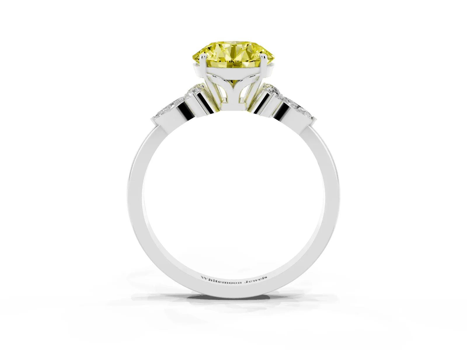 Fancy Yellow Round Cut Brilliant Diamond Solitaire Ring with Pear Side Stones and Four-Prong Setting Platinum