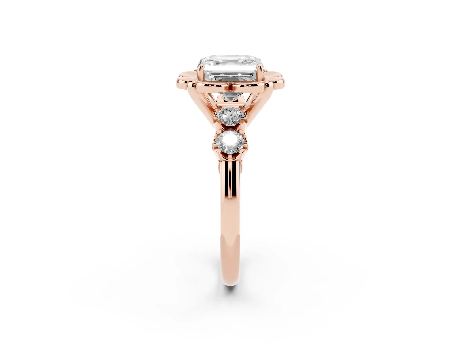 Asscher Cut Cut Diamond Floral Halo Engagement Ring with Shared Prong Setting Rose gold