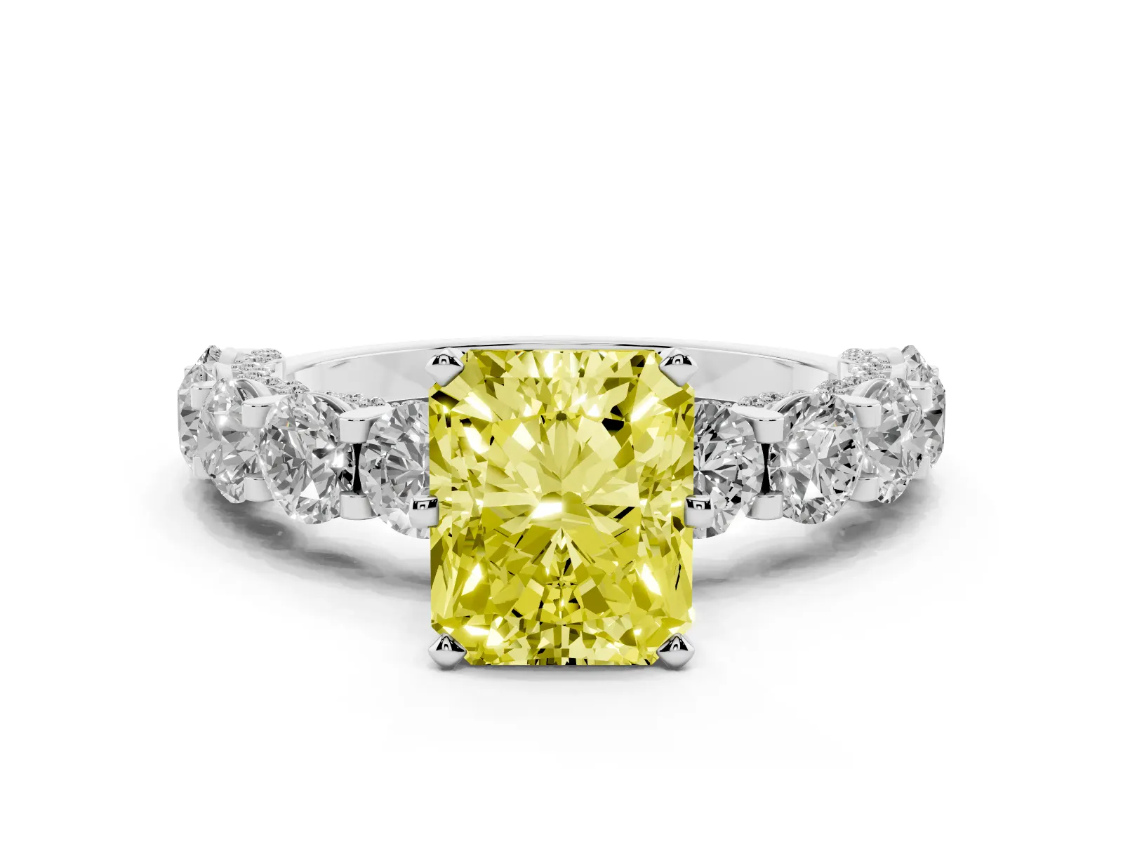 Fancy Yellow Radiant Cut Diamond Side Stone Engagement Ring with Four-Prong Setting Platinum