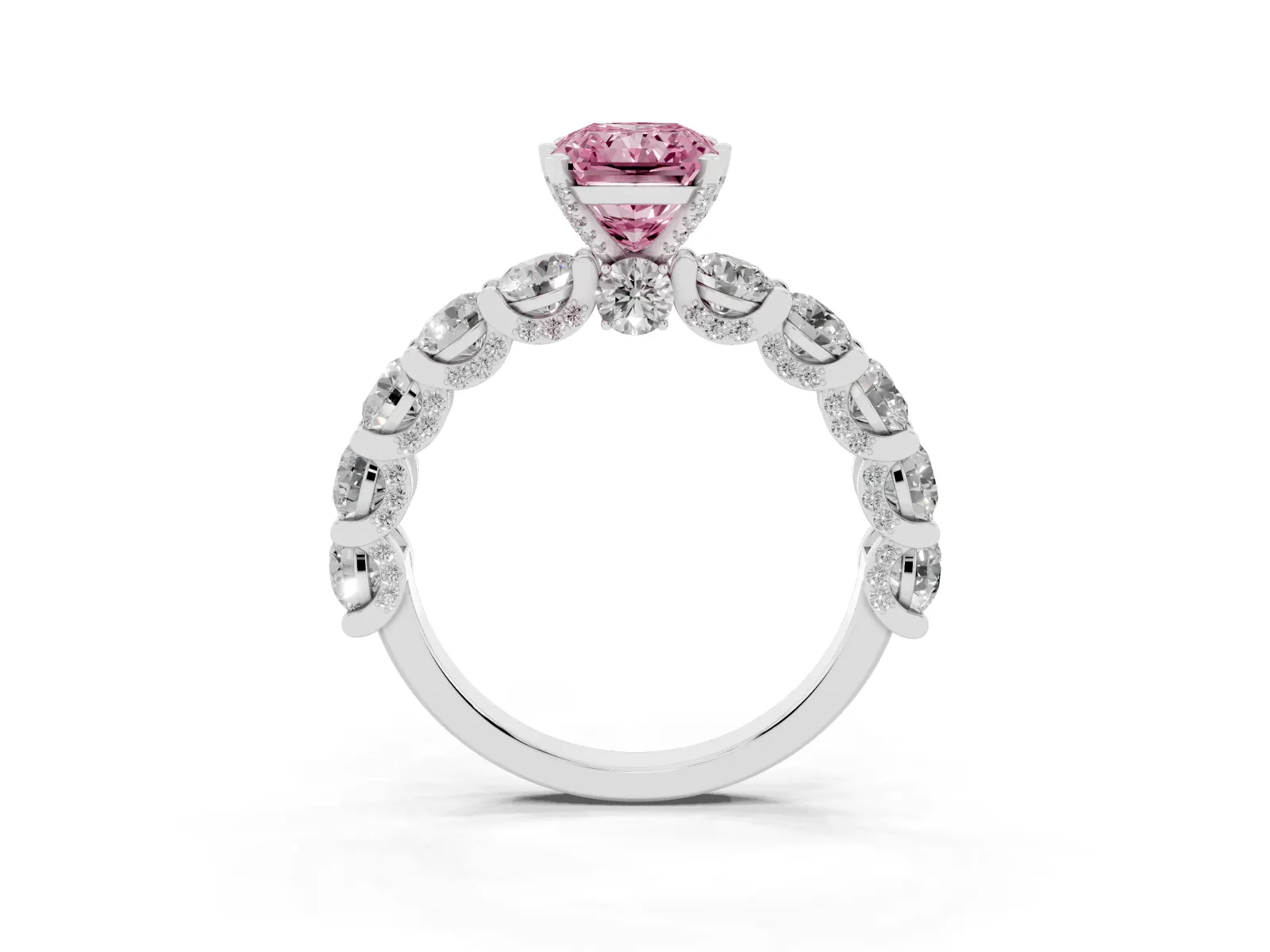 Fancy Pink Radiant Cut Diamond Side Stone Engagement Ring with Four-Prong Setting Platinum