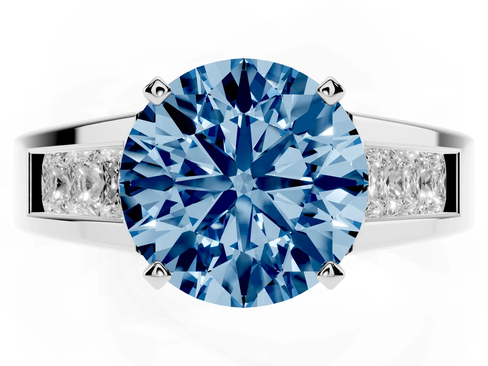 Fancy Blue Round Cut Cut Channel Set Solitaire Ring with Four-Prong Setting Platinum