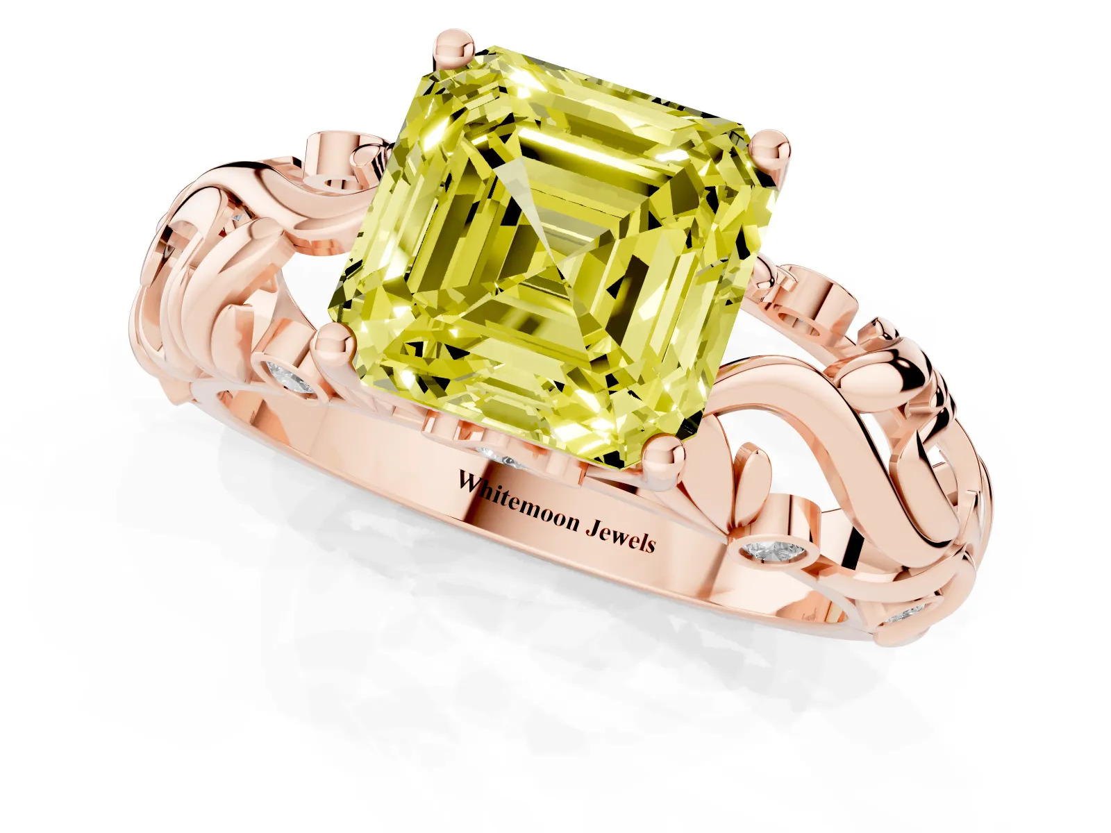 Fancy Yellow Asscher Cut Solitaire Diamond Leaf-Inspired Vine Band Ring with Prong Setting Rose gold