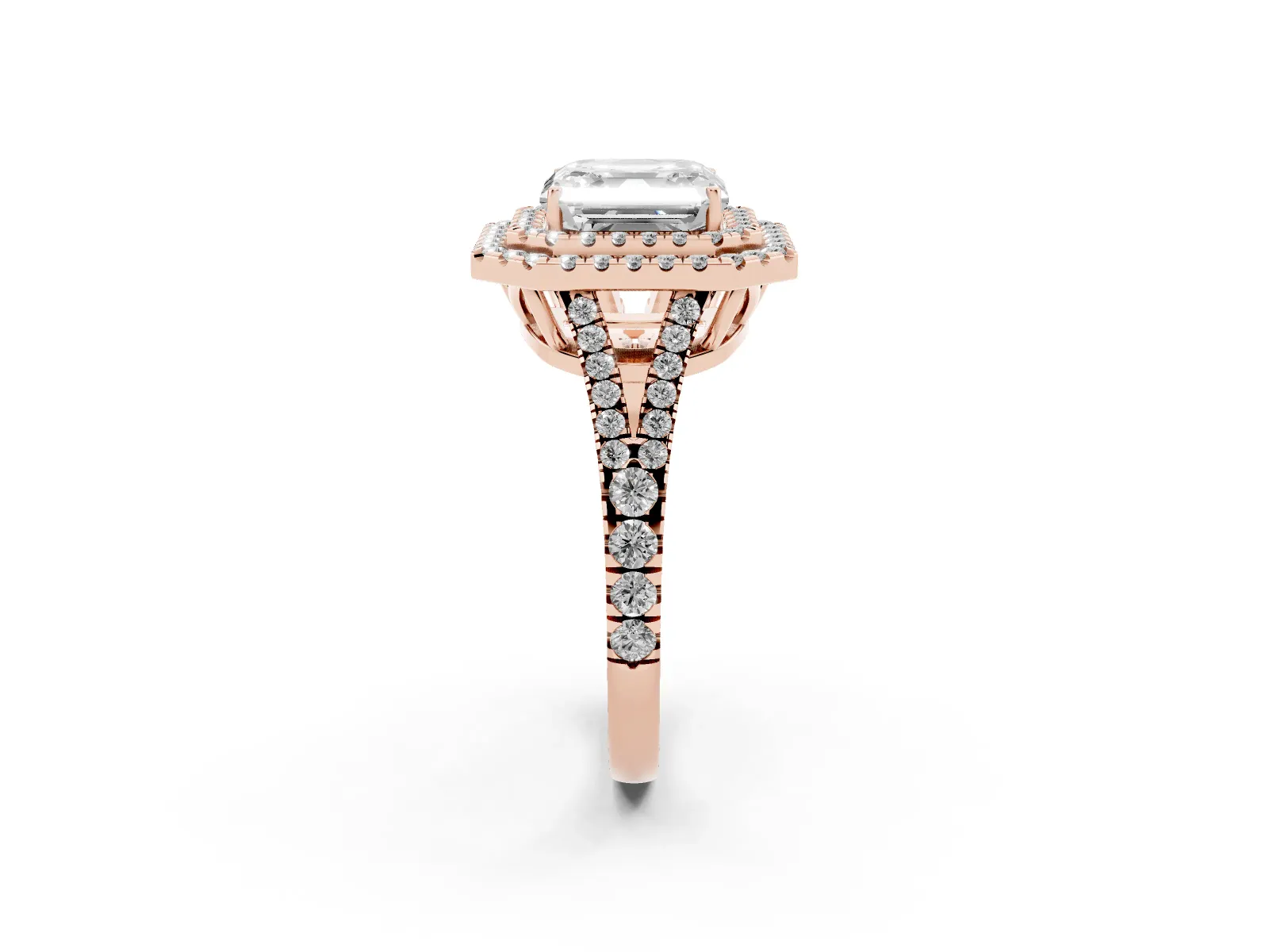 Asscher Cut Diamond Double Halo Ring with Pavé Band and Prong Setting Rose gold