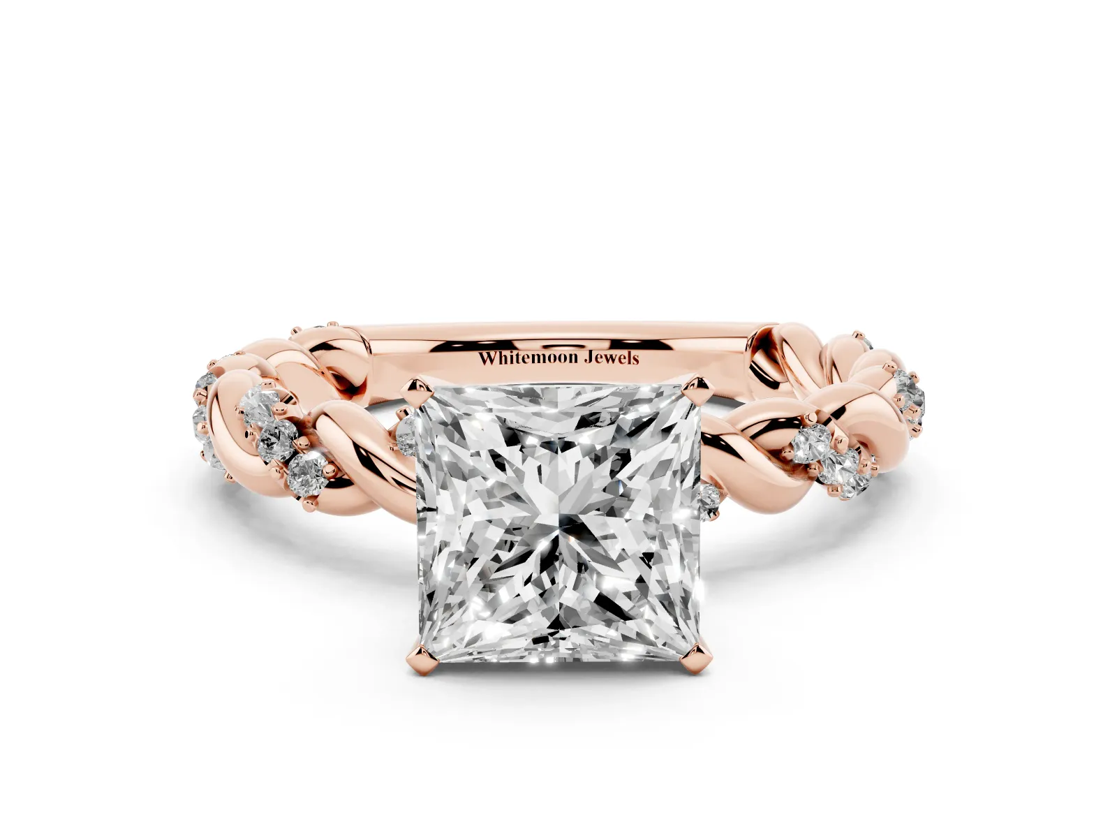 Princess Cut Diamond Solitaire Ring with Twisted Band and Pavé Accents Rose gold