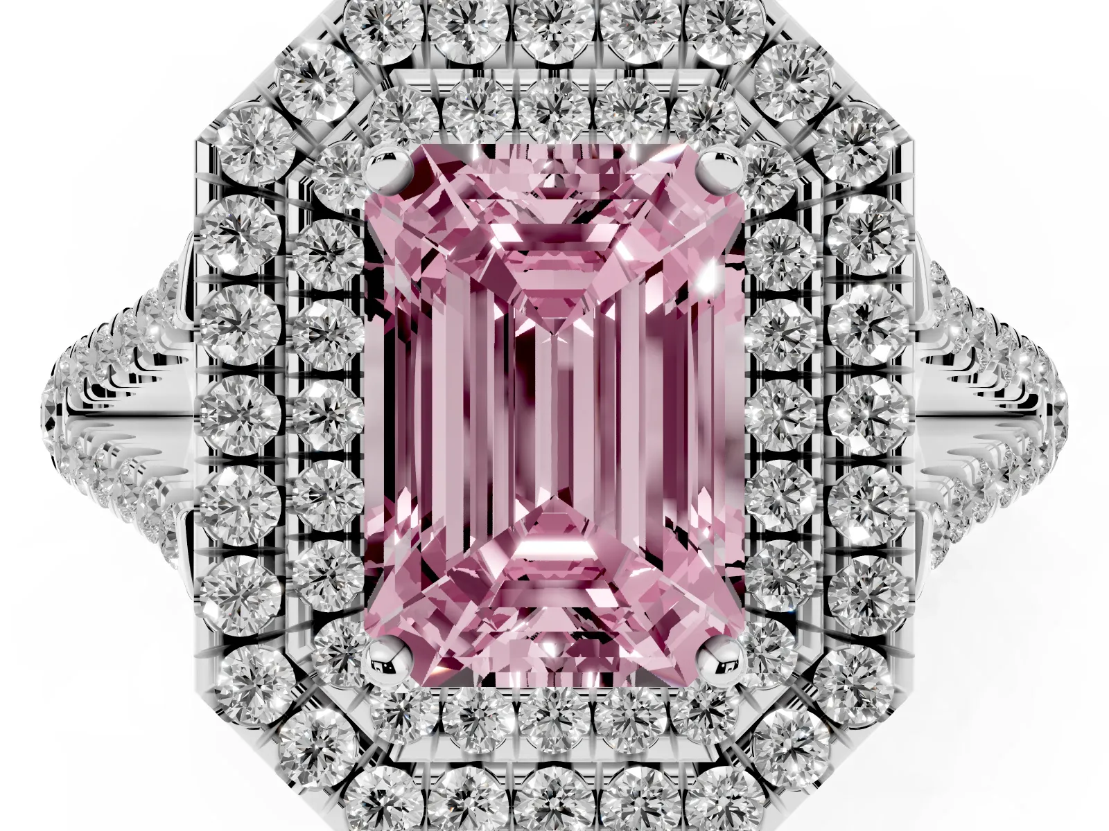 Fancy Pink Emerald Cut Diamond Double Halo Ring with Pavé Band and Prong Setting Platinum
