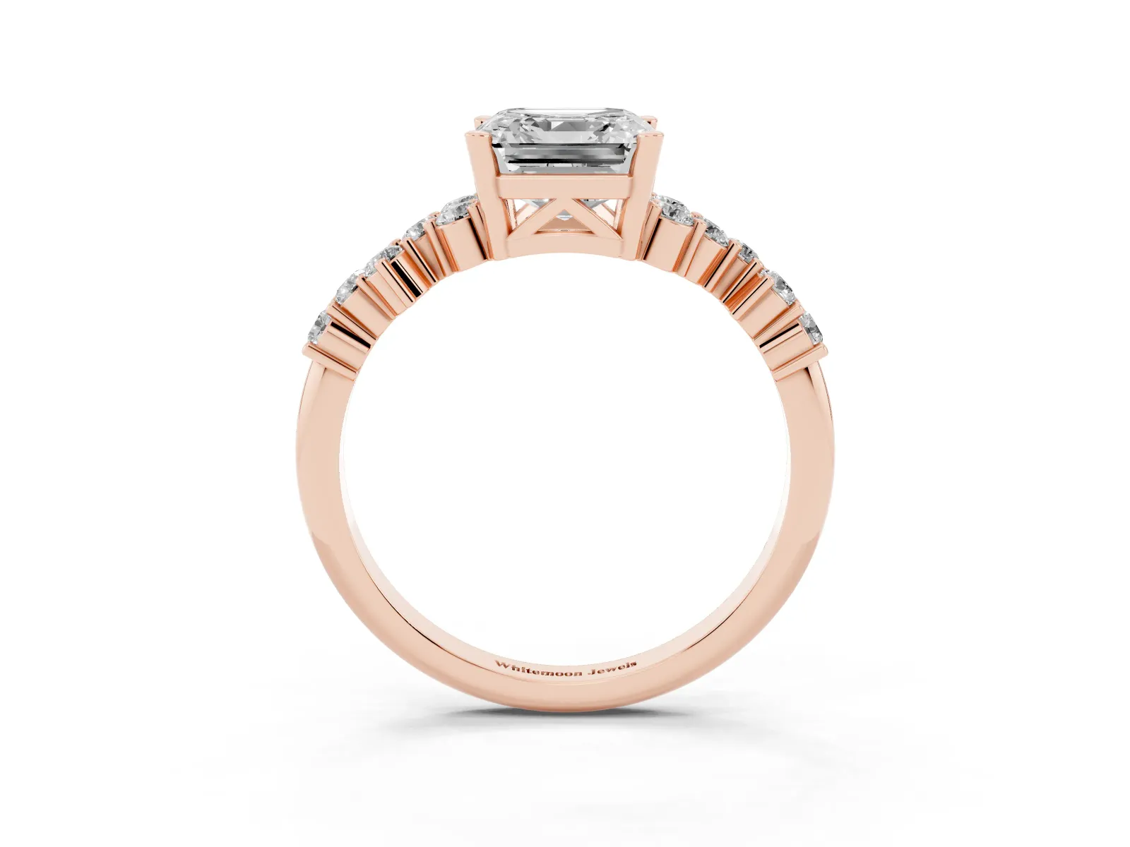 Asscher Cut Diamond Scattered Round Accent Ring with Prong Setting Rose gold