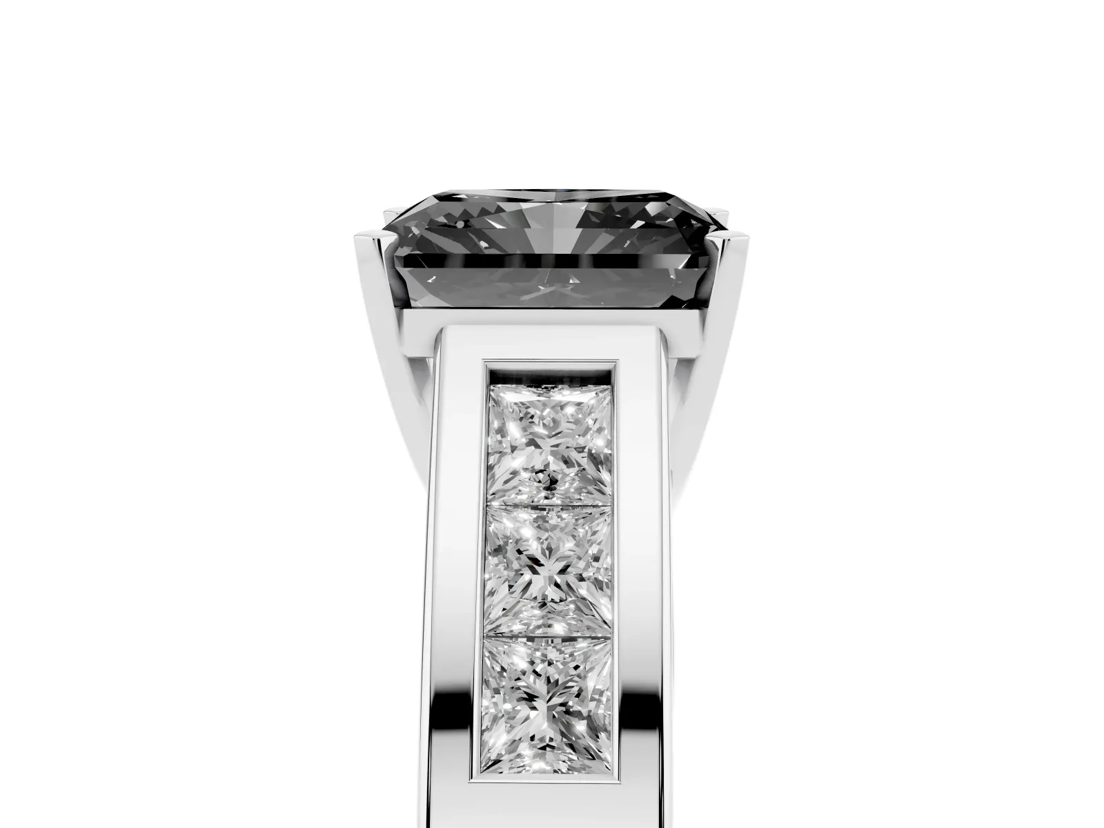 Fancy Black Radiant Cut Cut Channel Set Solitaire Ring with Four-Prong Setting Platinum
