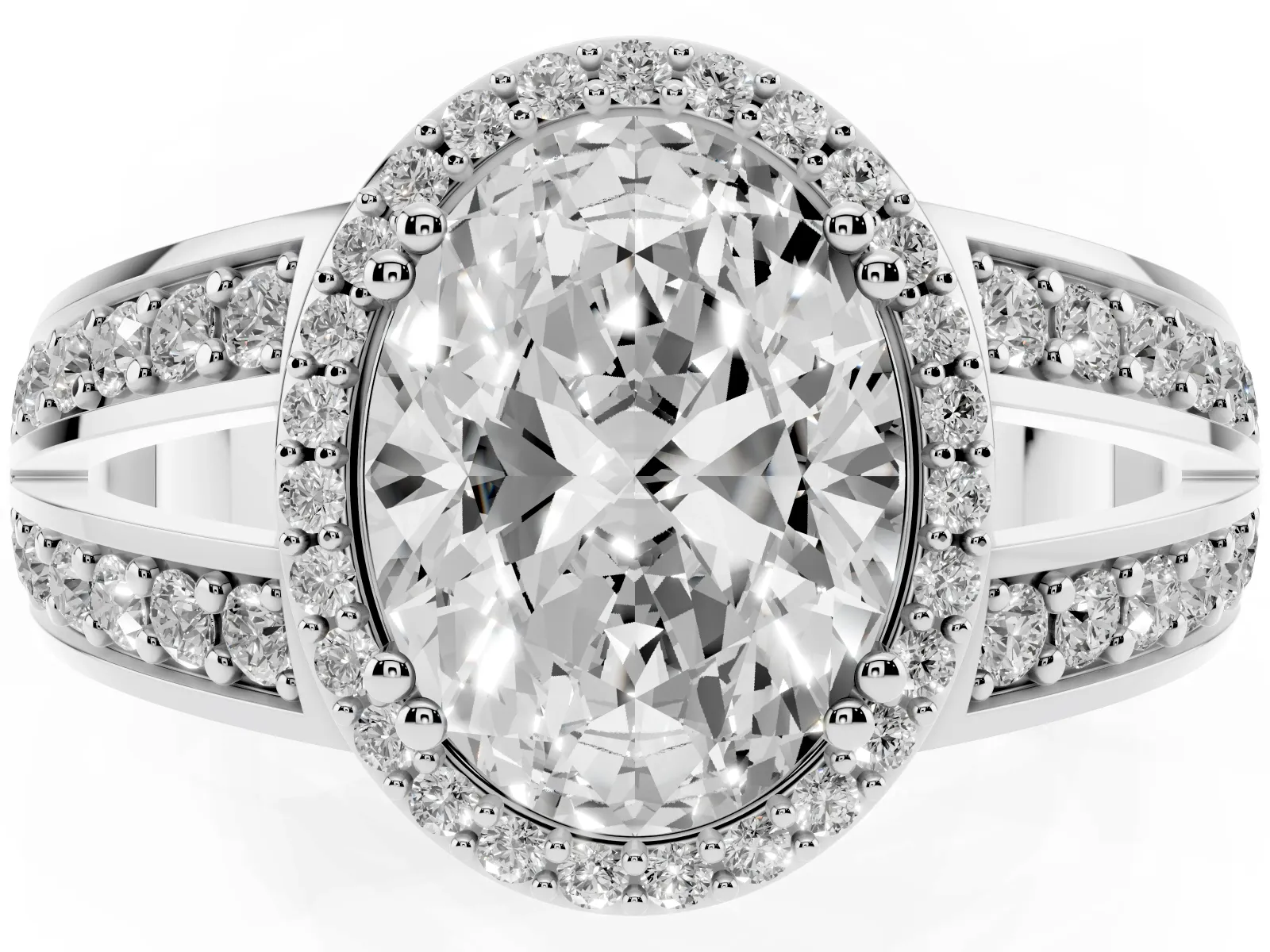 Oval Cut Diamond Halo Ring with Split Shank Pavé Band and Four-Prong Setting White gold