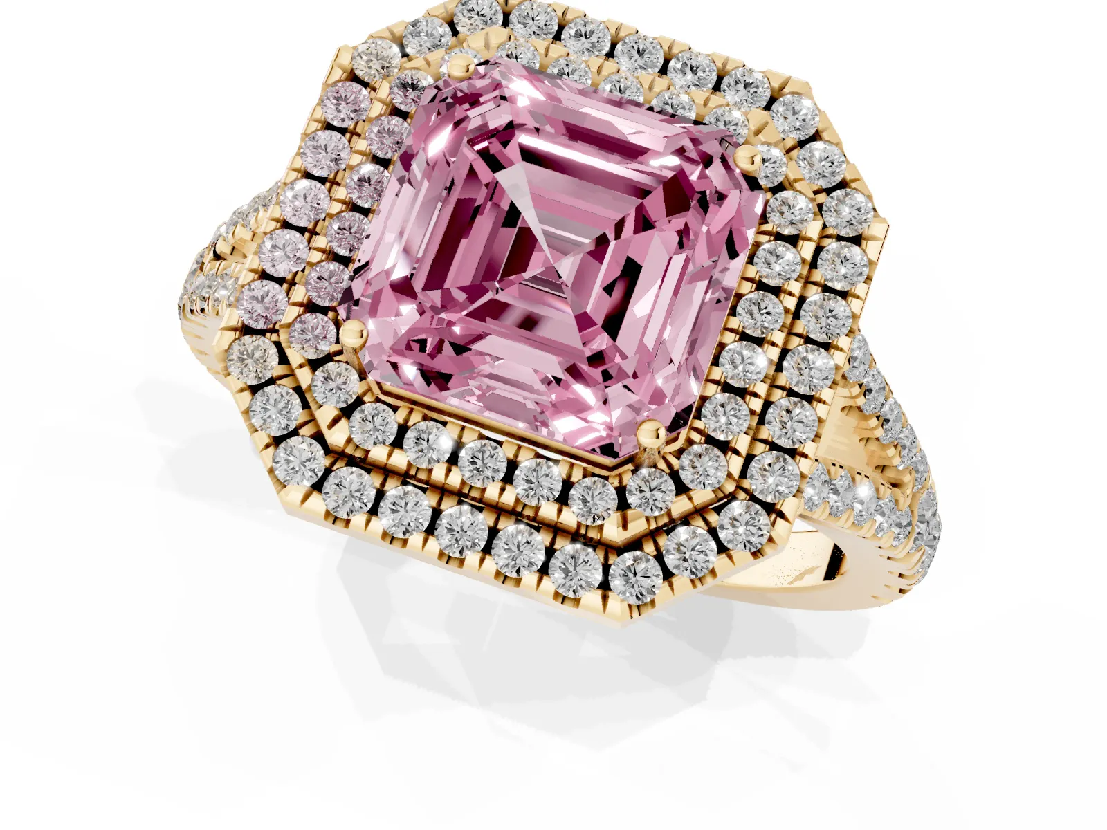 Fancy Pink Asscher Cut Diamond Double Halo Ring with Pavé Band and Prong Setting Yellow gold