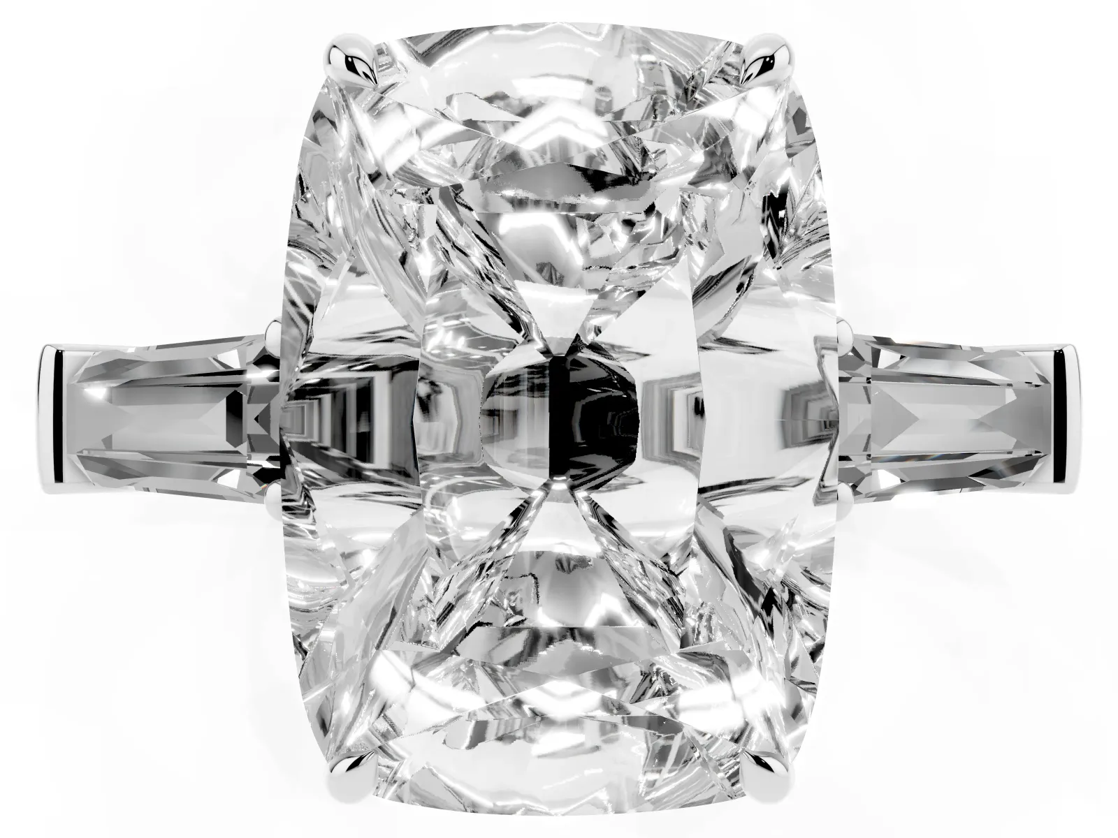 Old Mine Elongated Cushion Diamond with Side Tapered Baguette Three Stone Ring Platinum