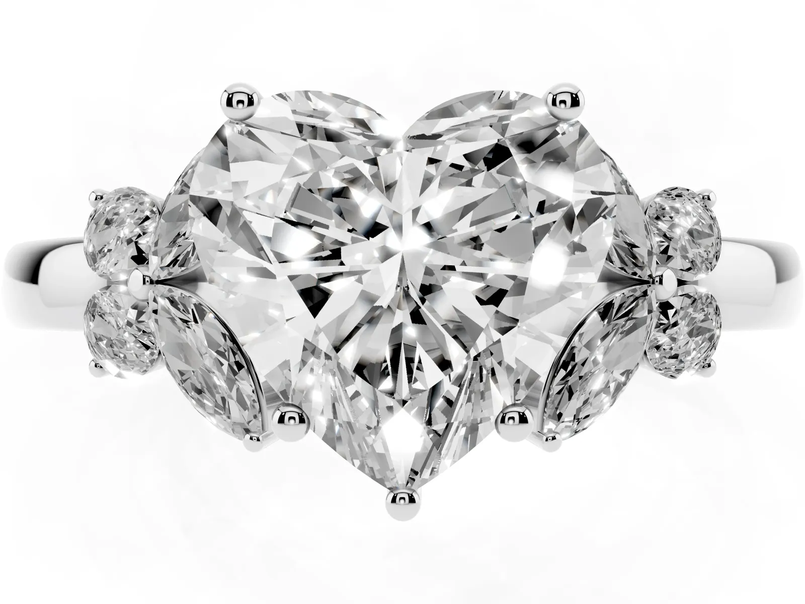 Heart Cut Cut Solitaire Floral Diamond Ring with Four-Prong Setting Platinum