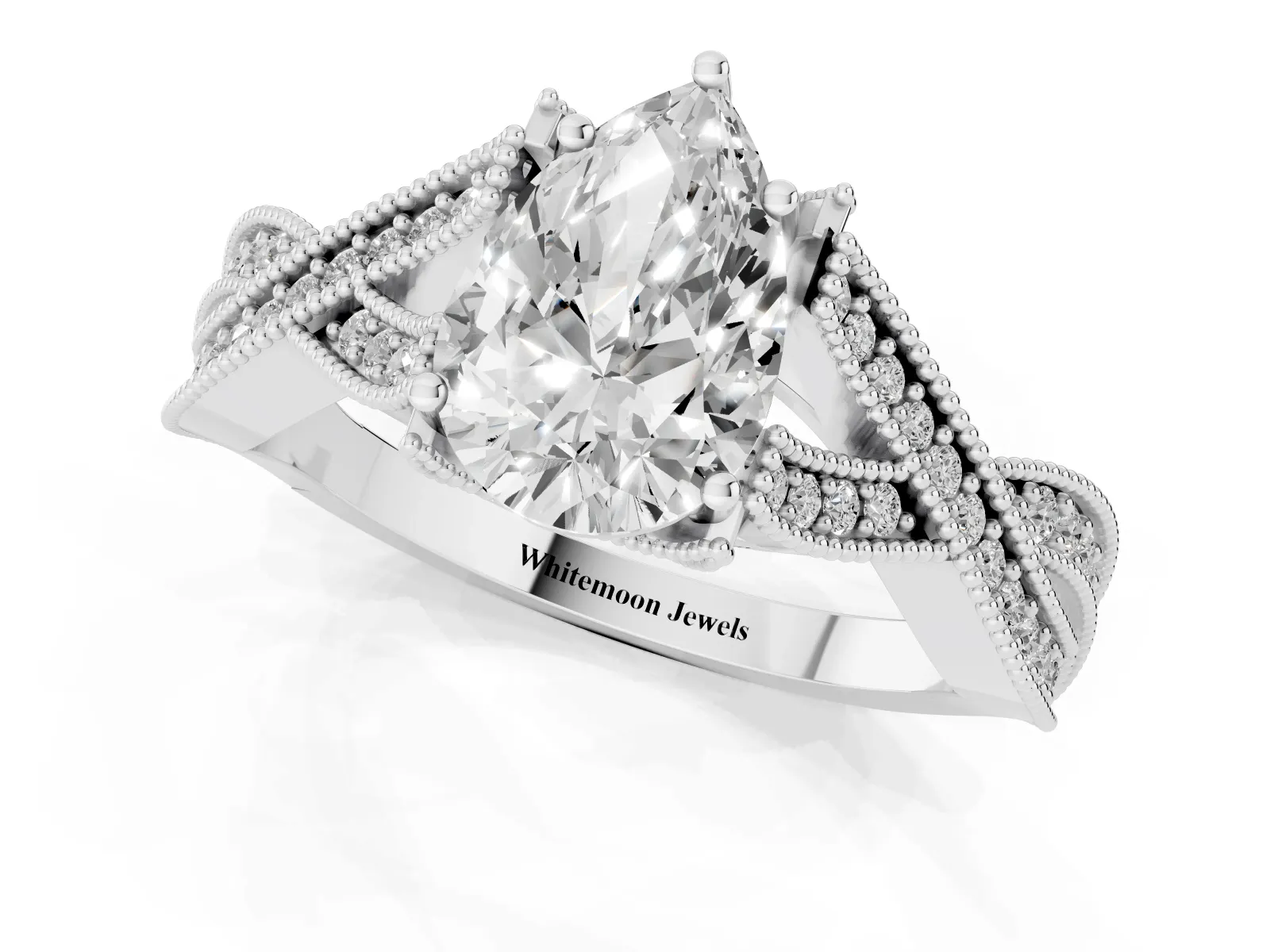 Pear Cut Cut Diamond Twisted Band with Milgrain Pave Setting and Four-Prong Setting Platinum