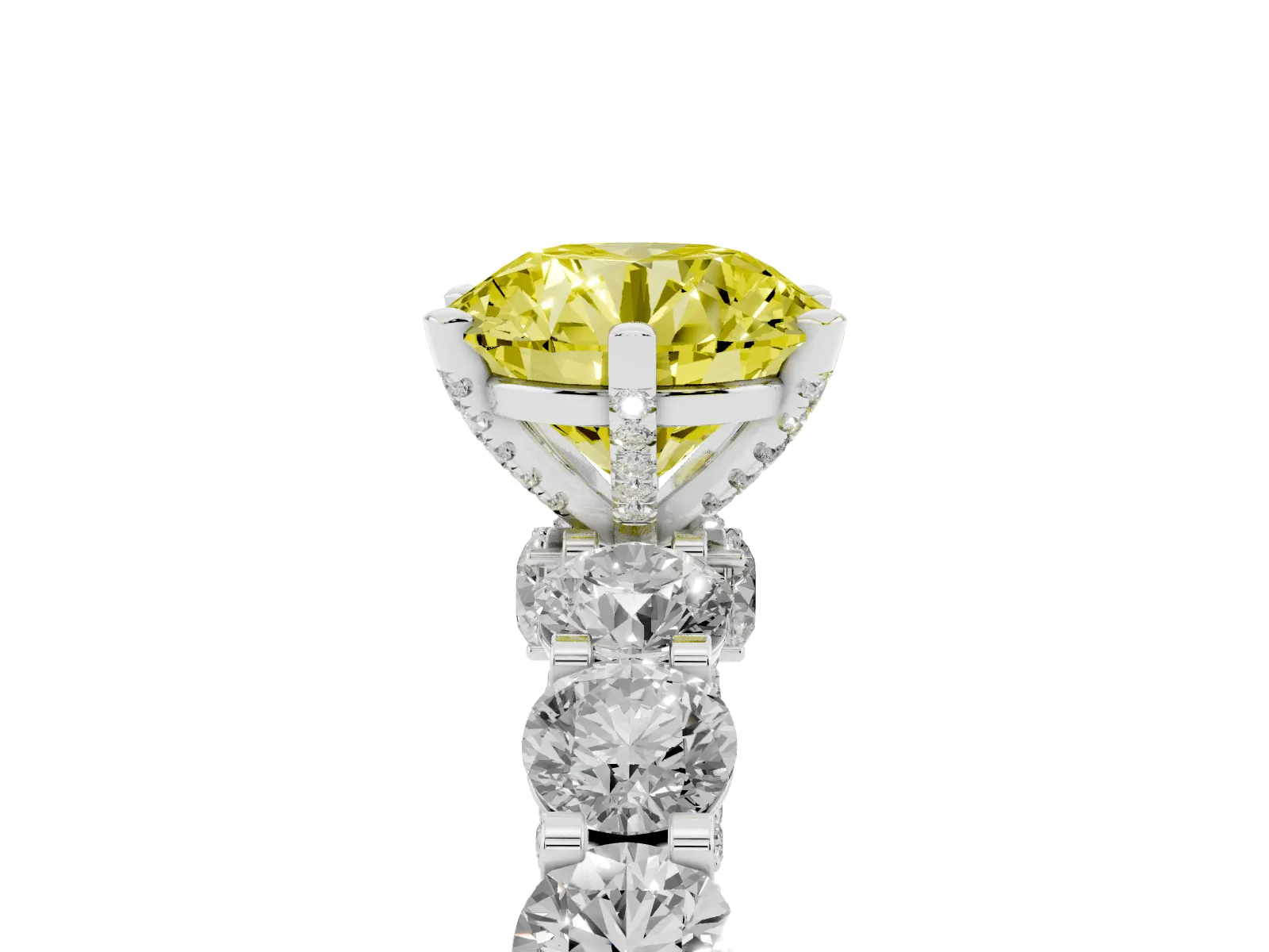 Fancy Yellow Round Cut Diamond Side Stone Engagement Ring with Four-Prong Setting White gold