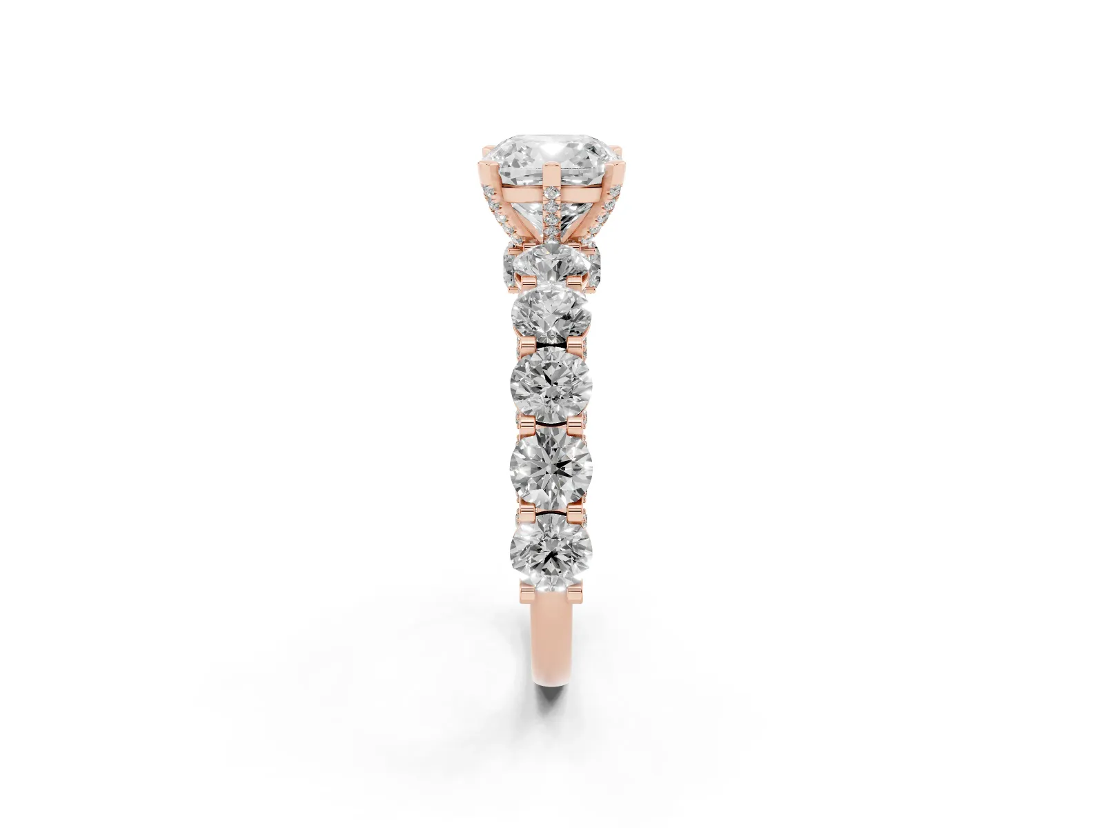 Cushion Cut Diamond Side Stone Engagement Ring with Four-Prong Setting Rose gold