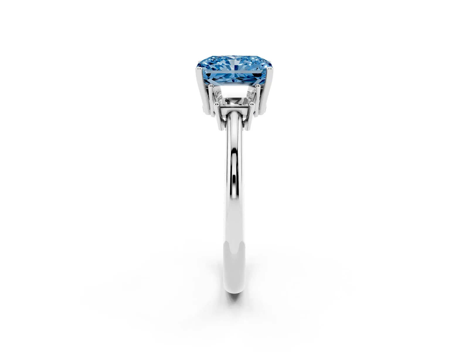 Fancy Blue Radiant Cut Diamond Three-Stone Ring with Trapezoid Side Stones and Prong Setting Platinum