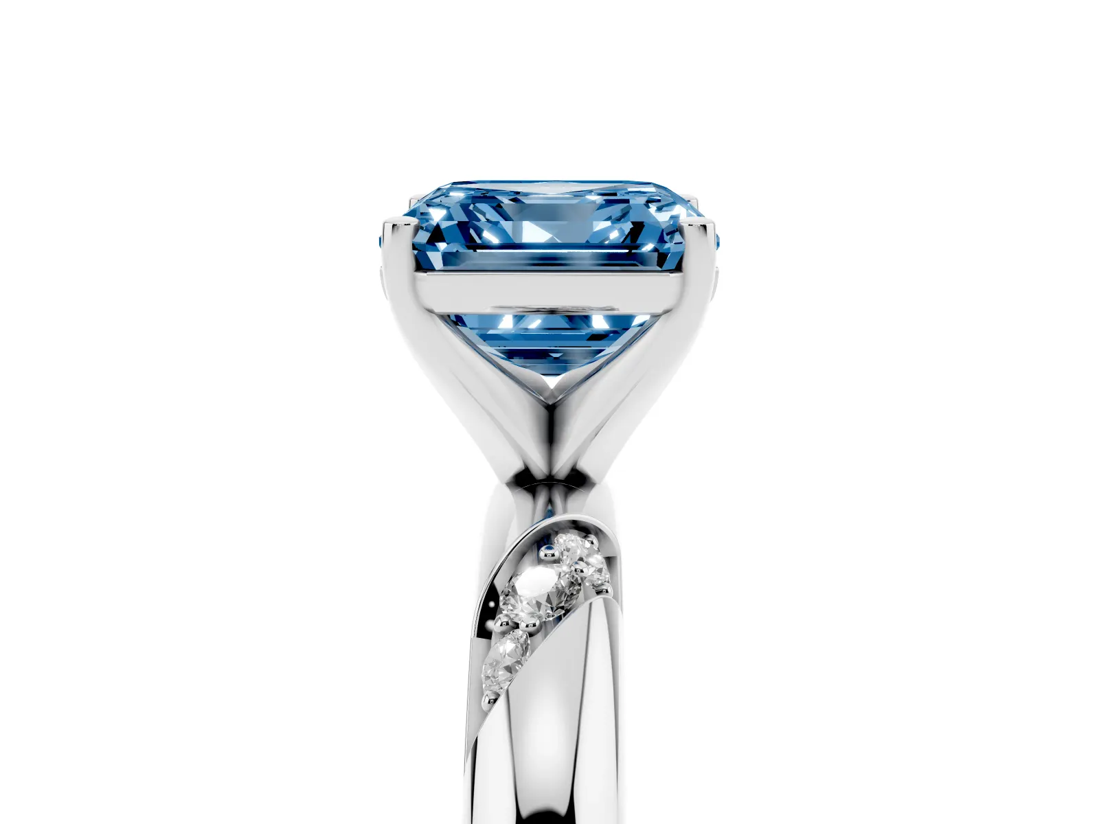 Fancy Blue Asscher Cut Diamond Solitaire Engagement Ring with Twisted Round Accent Band and Prong Setting Platinum