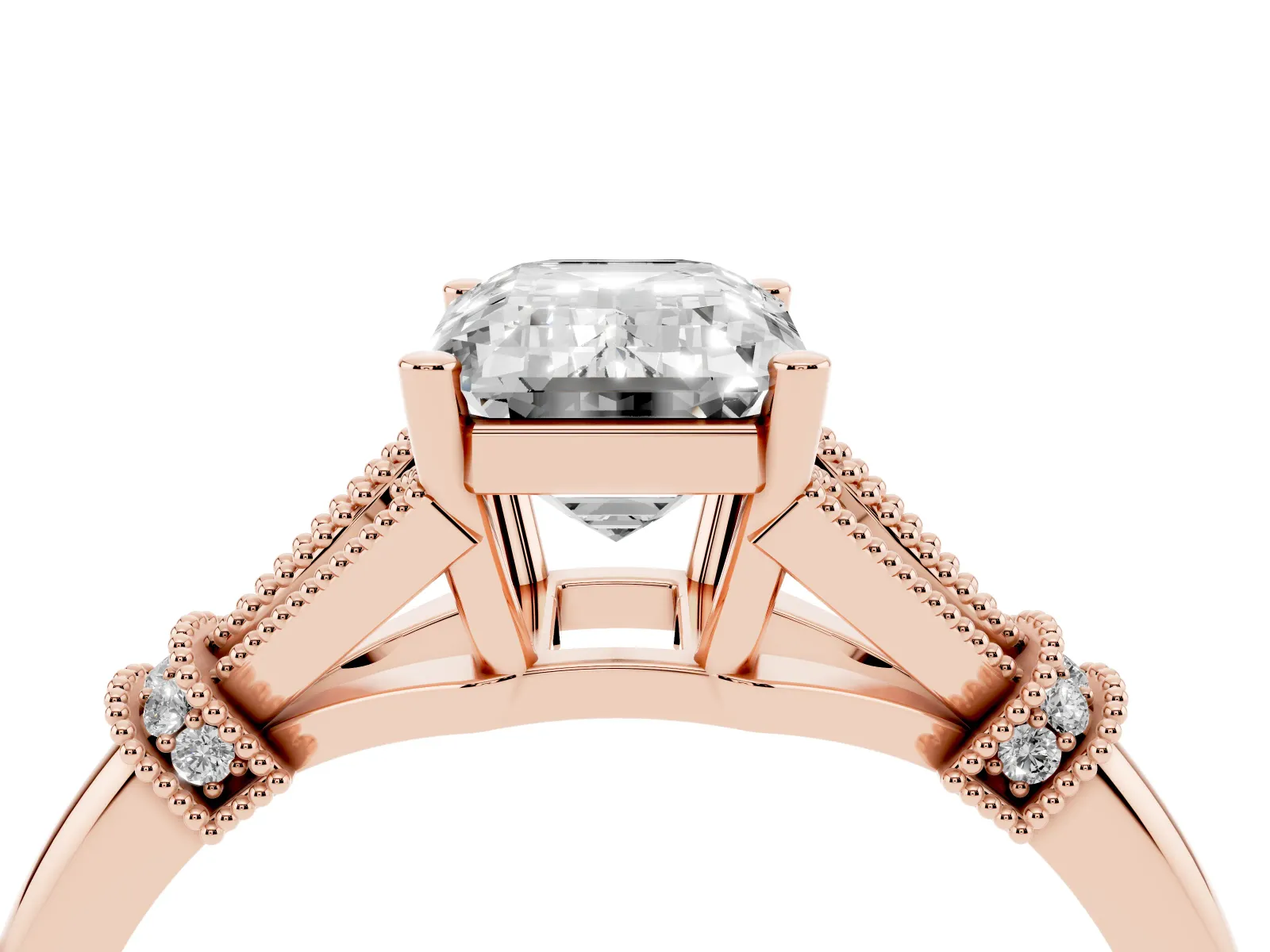 Emerald Cut Diamond Solitaire Ring with Floral Filigree and Pave Accents Rose gold