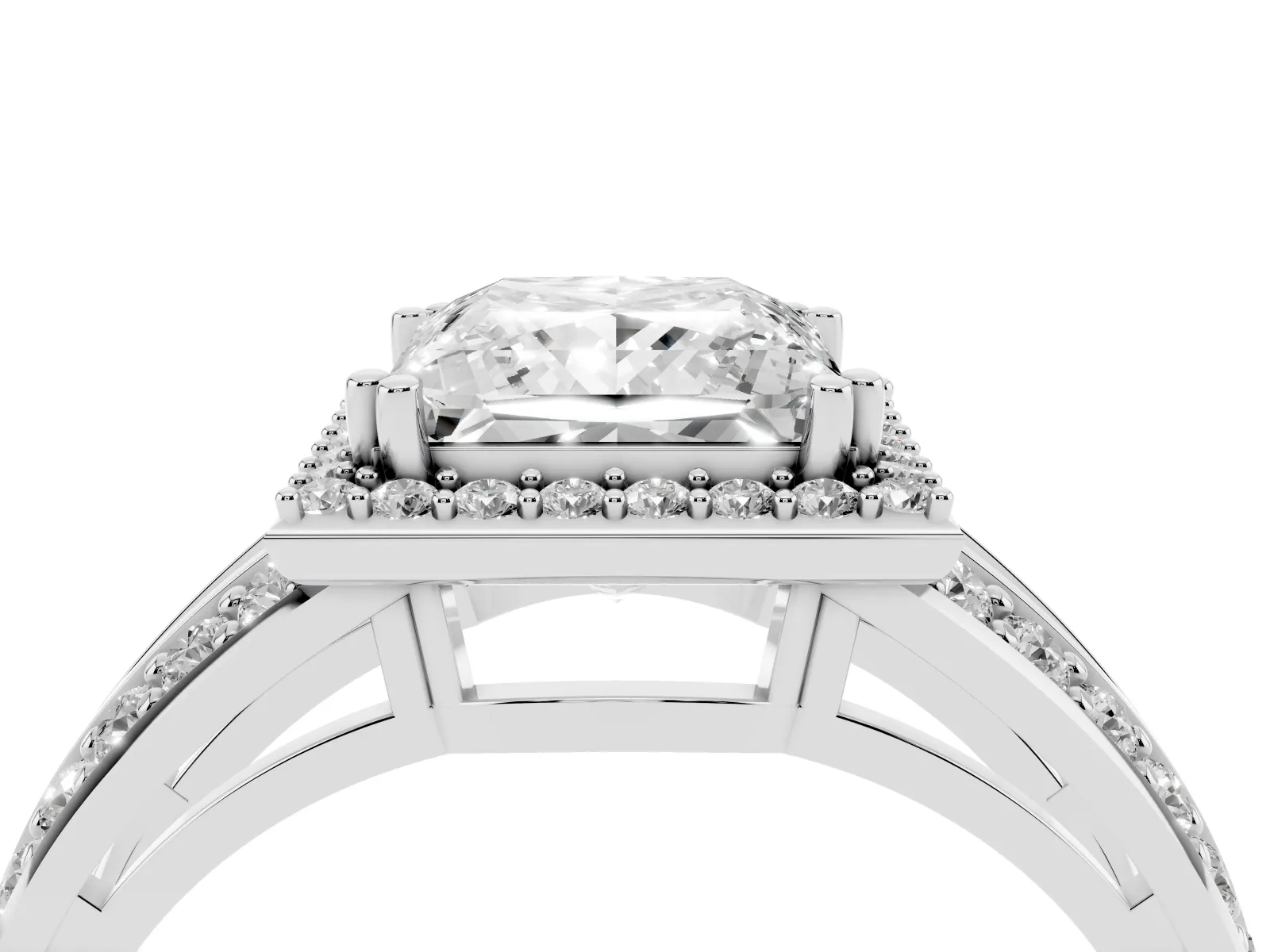 Princess Cut Diamond Halo Ring with Split Shank Pavé Band and Four-Prong Setting Platinum