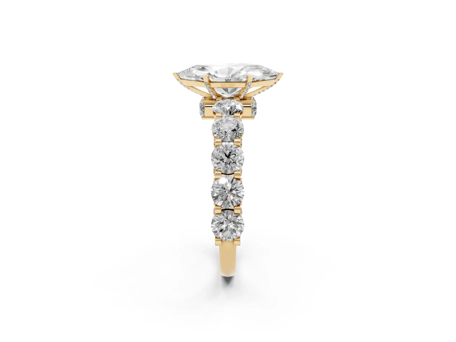Marquise Cut Diamond Side Stone Engagement Ring with Four-Prong Setting Yellow gold