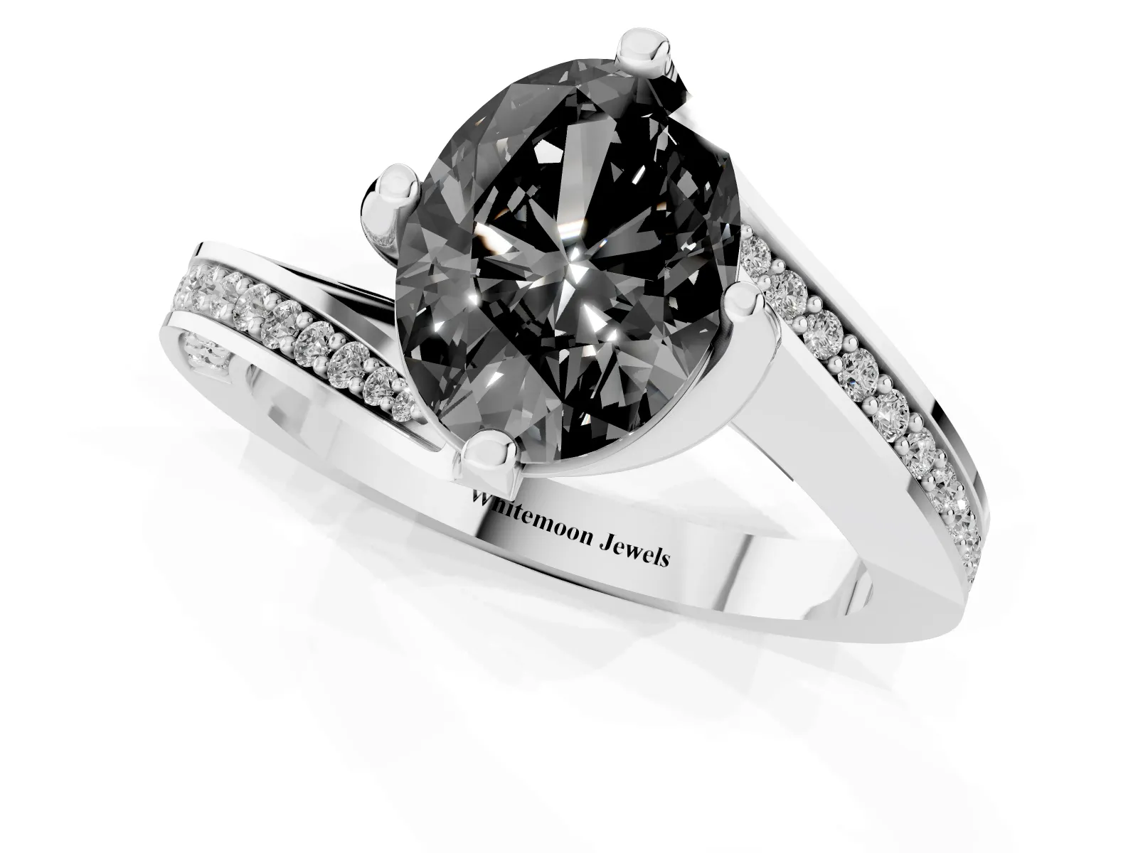 Fancy Black Oval Cut Solitaire Diamond Twist Band with Pavé Setting and Four-Prong Setting Platinum