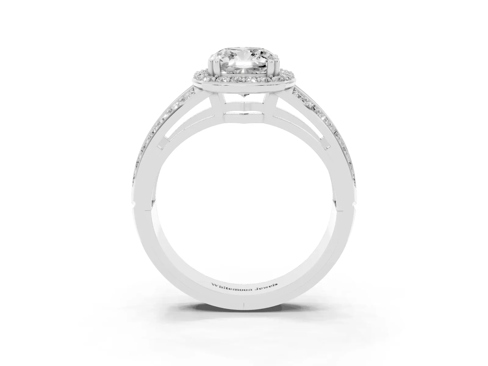 Cushion Cut Diamond Halo Ring with Split Shank Pavé Band and Four-Prong Setting Platinum