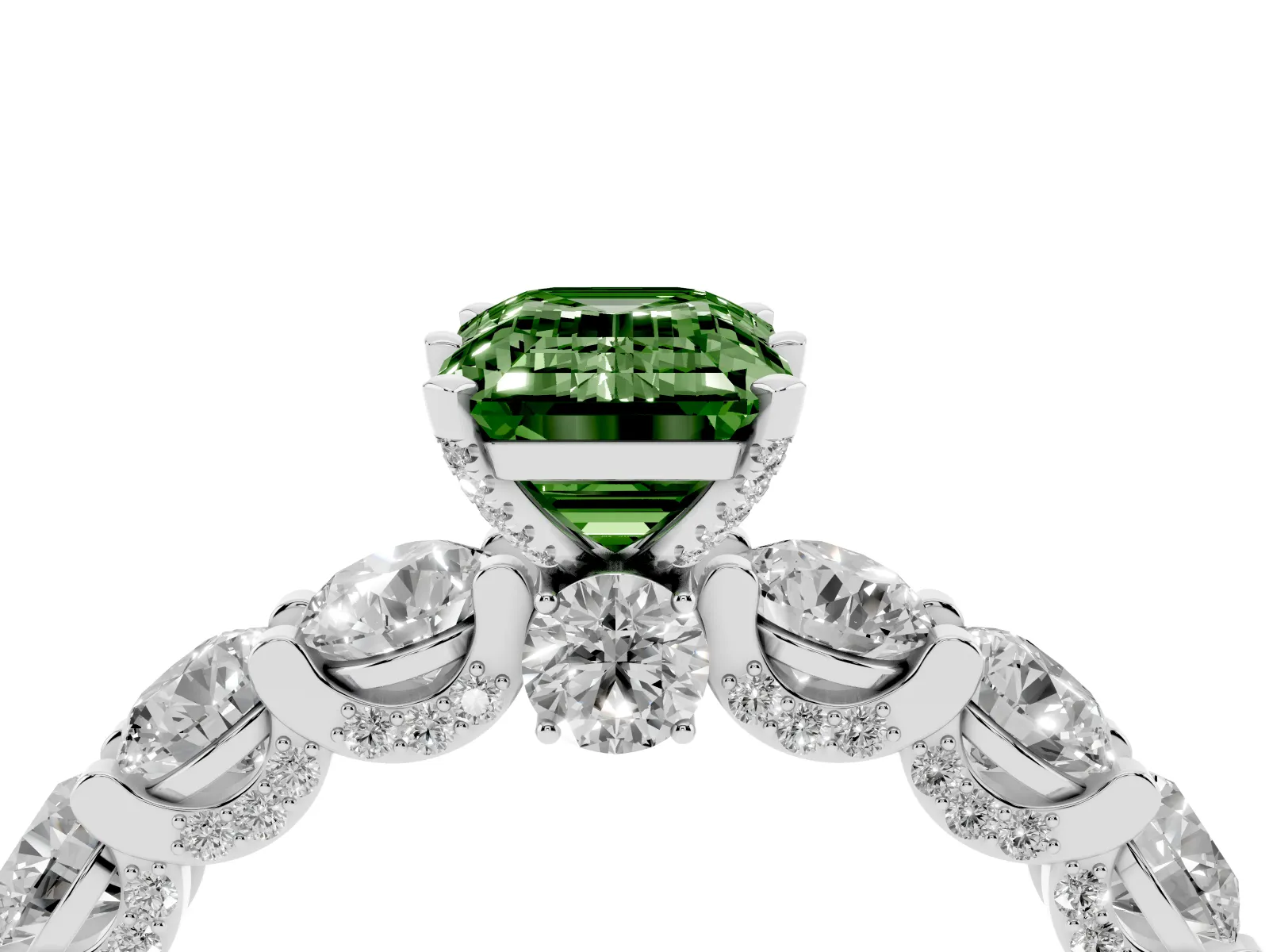 Fancy Green Emerald Cut Diamond Side Stone Engagement Ring with Four-Prong Setting White gold