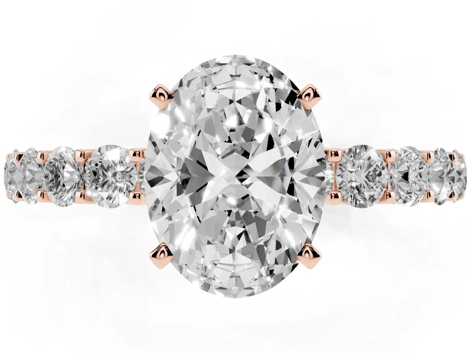 Oval Cut Diamond Solitaire Ring with Shared Prong Pavé Band and Four-Prong Setting Rose gold