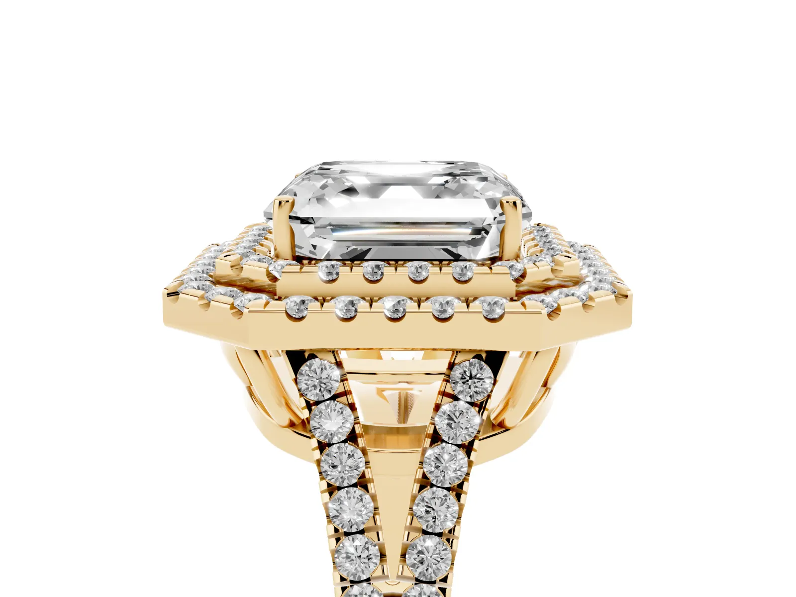 Asscher Cut Diamond Double Halo Ring with Pavé Band and Prong Setting Yellow gold