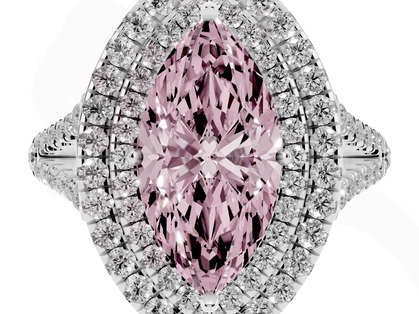 Fancy Pink Marquise Cut Diamond Double Halo Ring with Pavé Band and Prong Setting Platinum