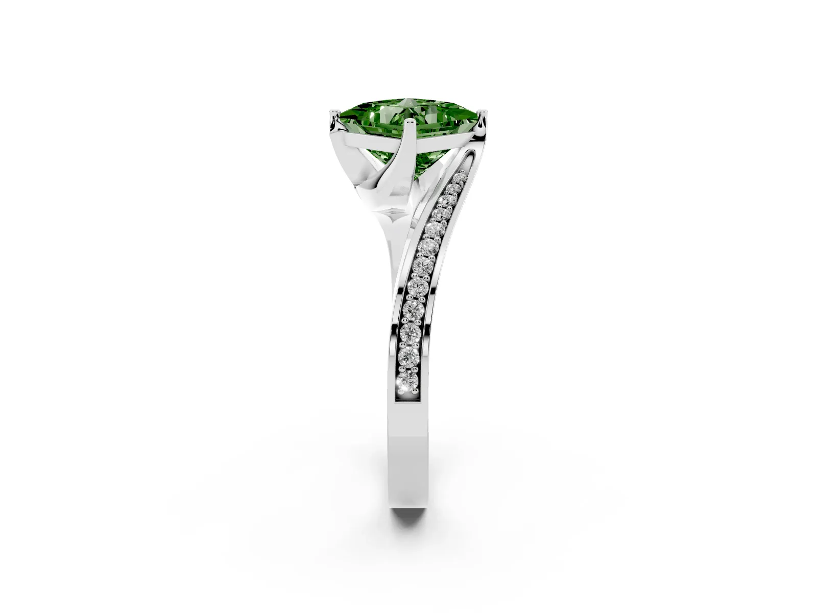 Fancy Green Princess Cut Solitaire Diamond Twist Band with Pavé Setting and Four-Prong Setting Platinum