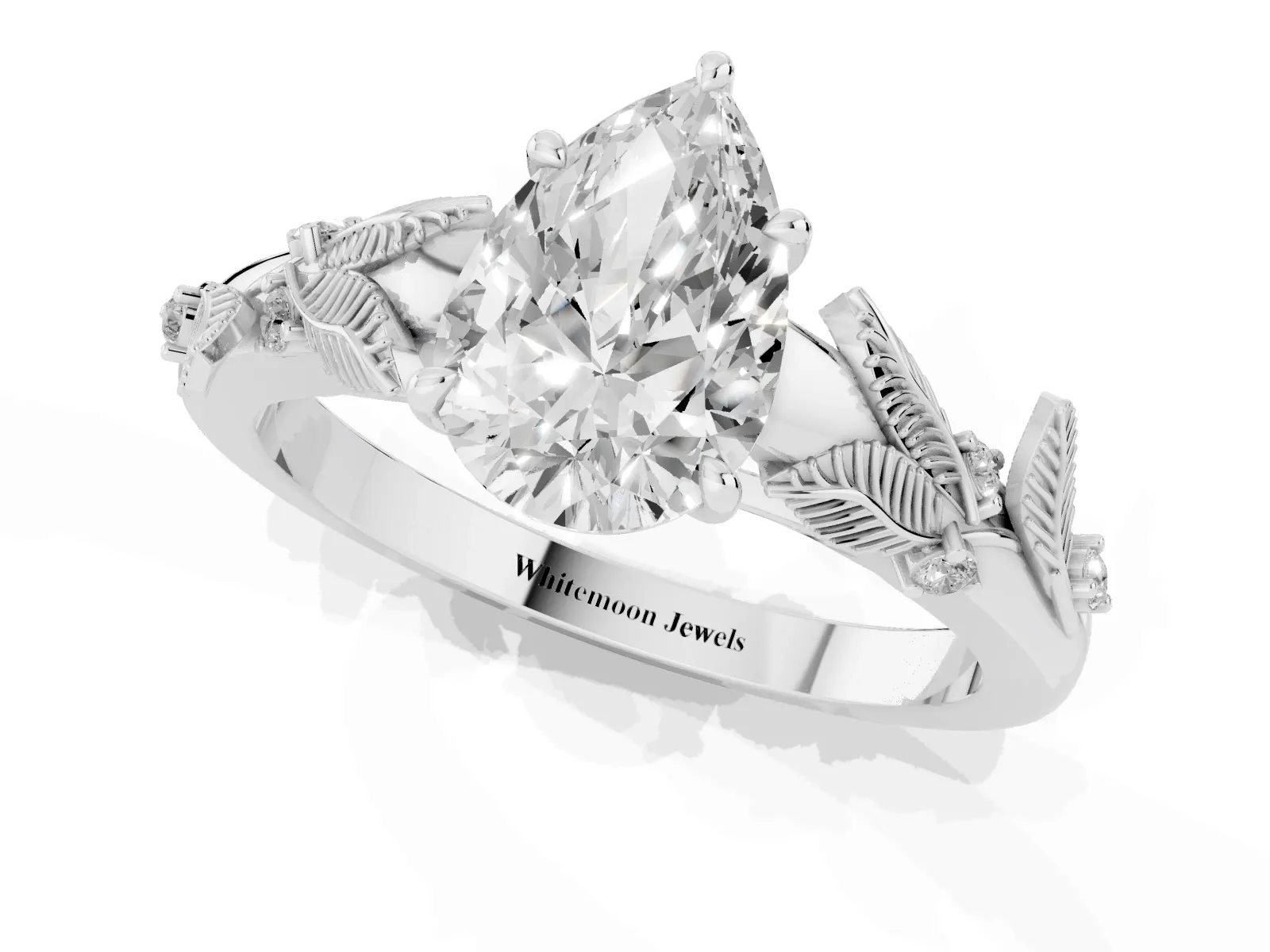 Pear Cut Diamond Solitaire Ring with Leaf Motif Band and Four-Prong Setting Platinum
