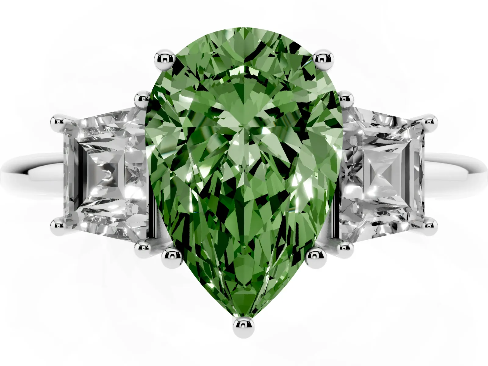 Fancy Green Pear Cut Diamond Three-Stone Ring with Trapezoid Side Stones and Prong Setting Platinum