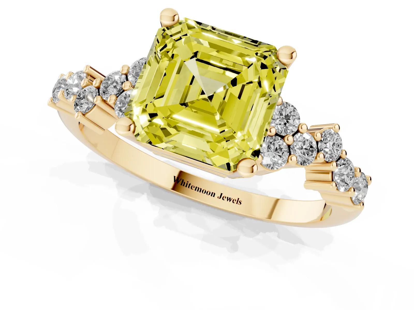 Fancy Yellow Asscher Cut Diamond Scattered Round Accent Ring with Prong Setting Yellow gold