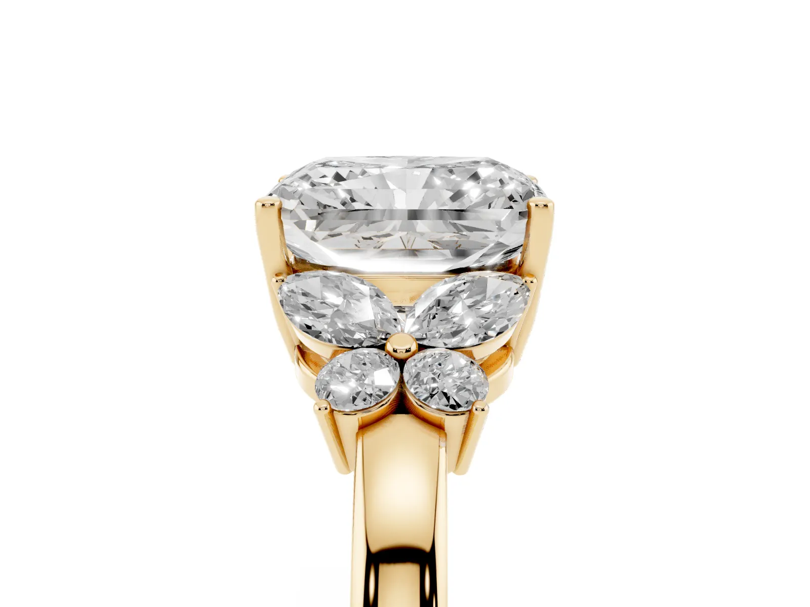 Radiant Cut Cut Solitaire Floral Diamond Ring with Four-Prong Setting Yellow gold
