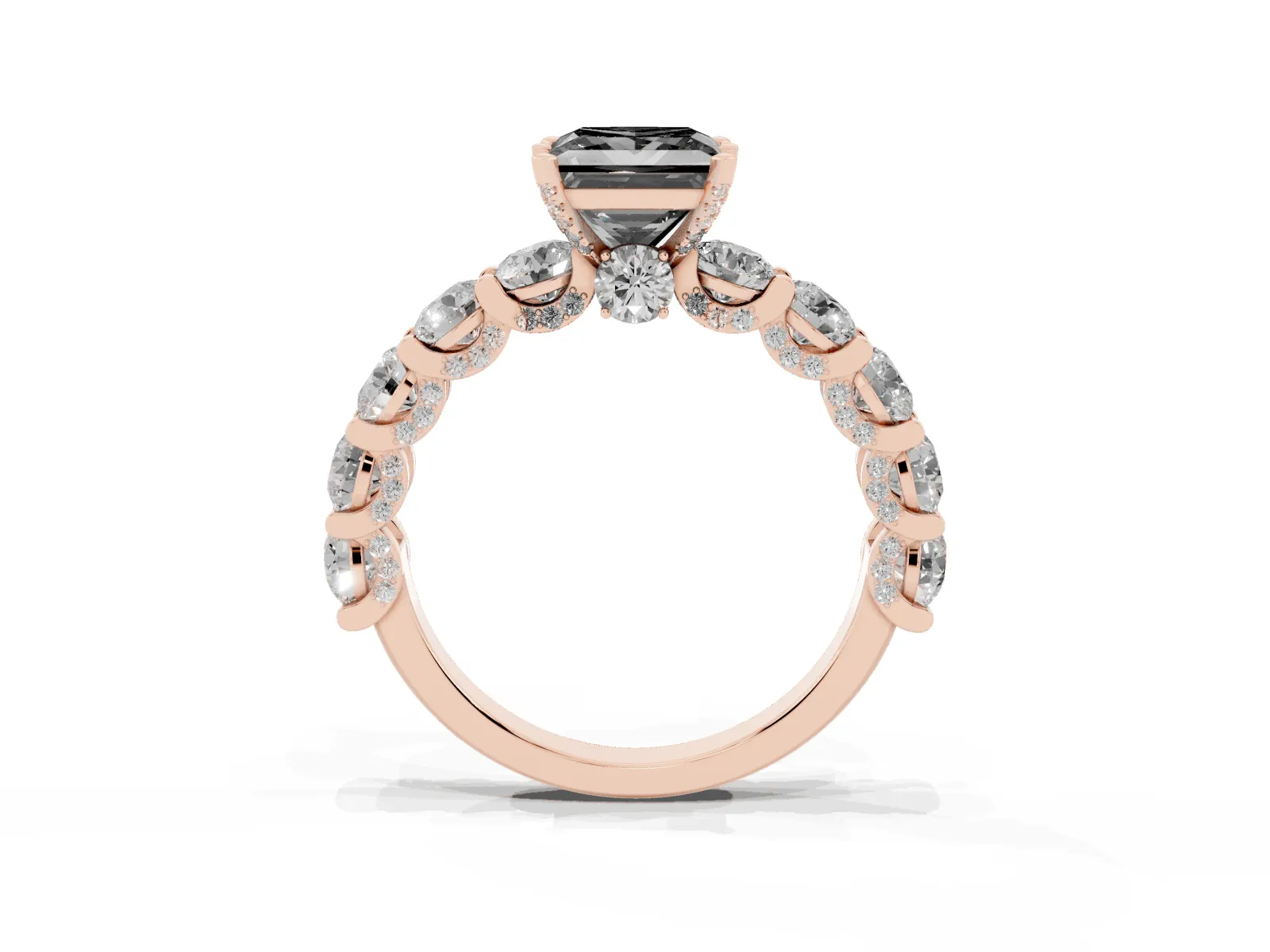 Fancy Black Princess Cut Diamond Side Stone Engagement Ring with Four-Prong Setting Rose gold