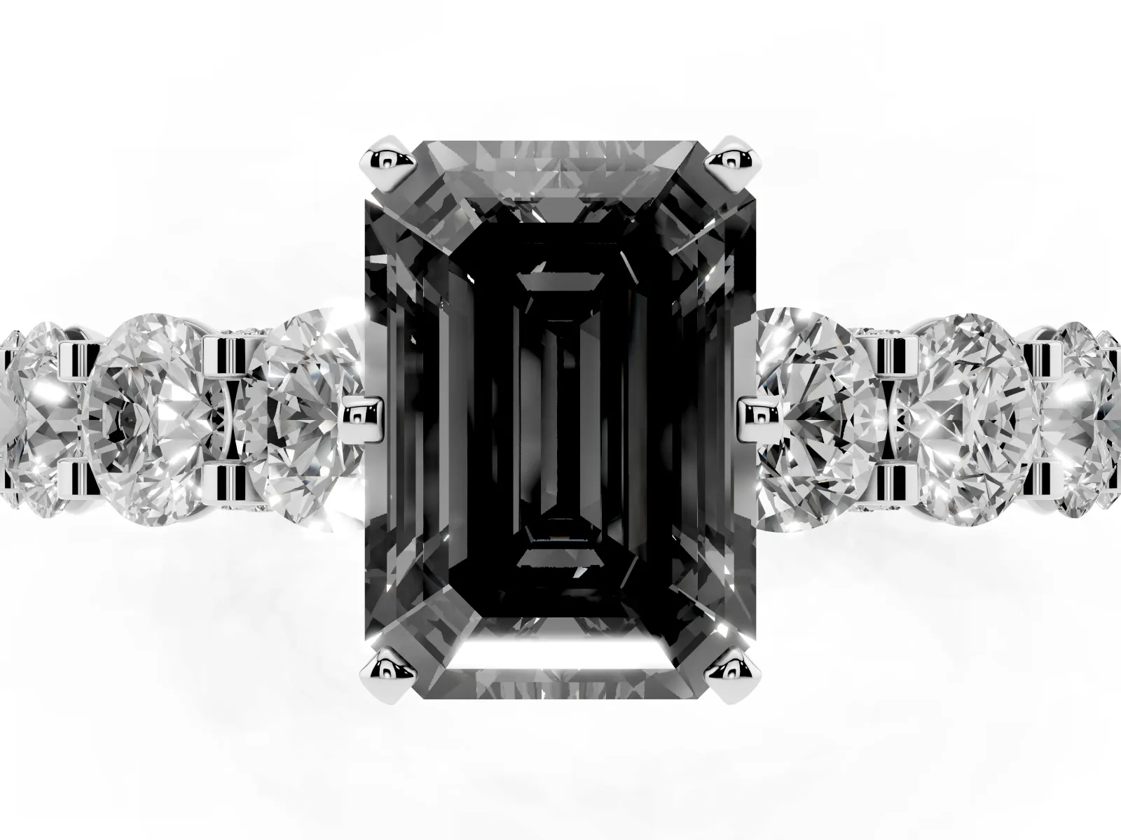 Fancy Black Emerald Cut Diamond Side Stone Engagement Ring with Four-Prong Setting Platinum