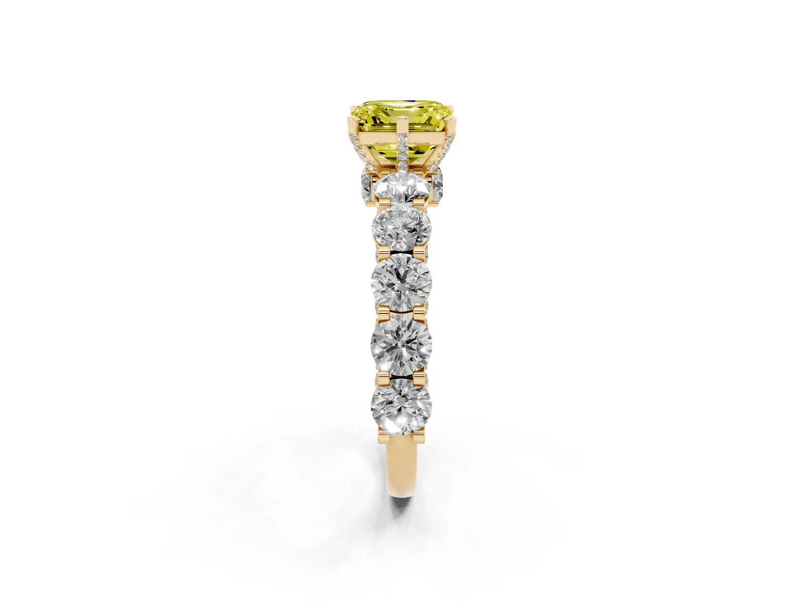 Fancy Yellow Asscher Cut Diamond Side Stone Engagement Ring with Four-Prong Setting Yellow gold