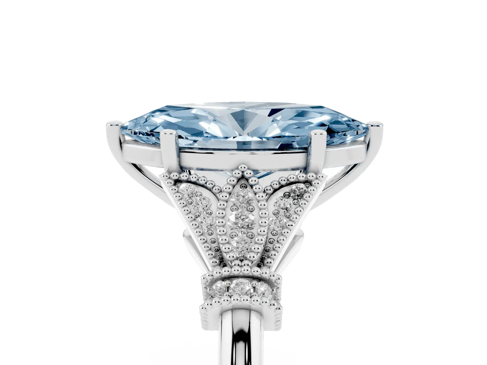 Fancy Blue Marquise Cut Diamond Solitaire Ring with Floral Filigree and Pave Accents Platinum